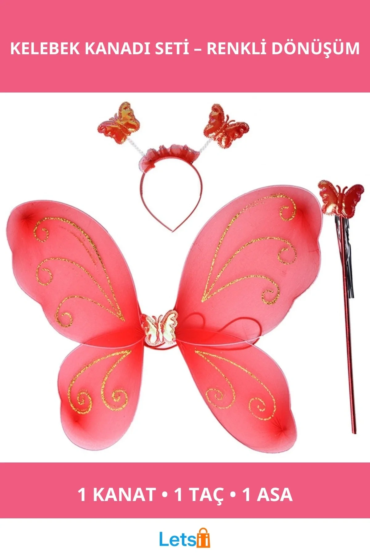 Kelebek Kanadı Tacı Asası Kırmızı Renk çocuk kostüm aksesuarı