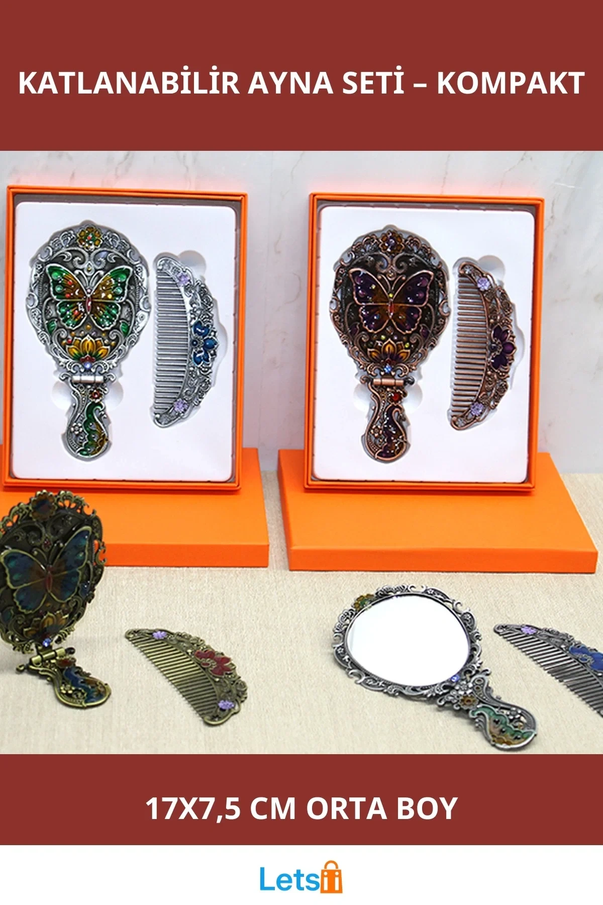 Kelebek Tasarım Katlanabilir Ayna ve Tarak Orta Boy