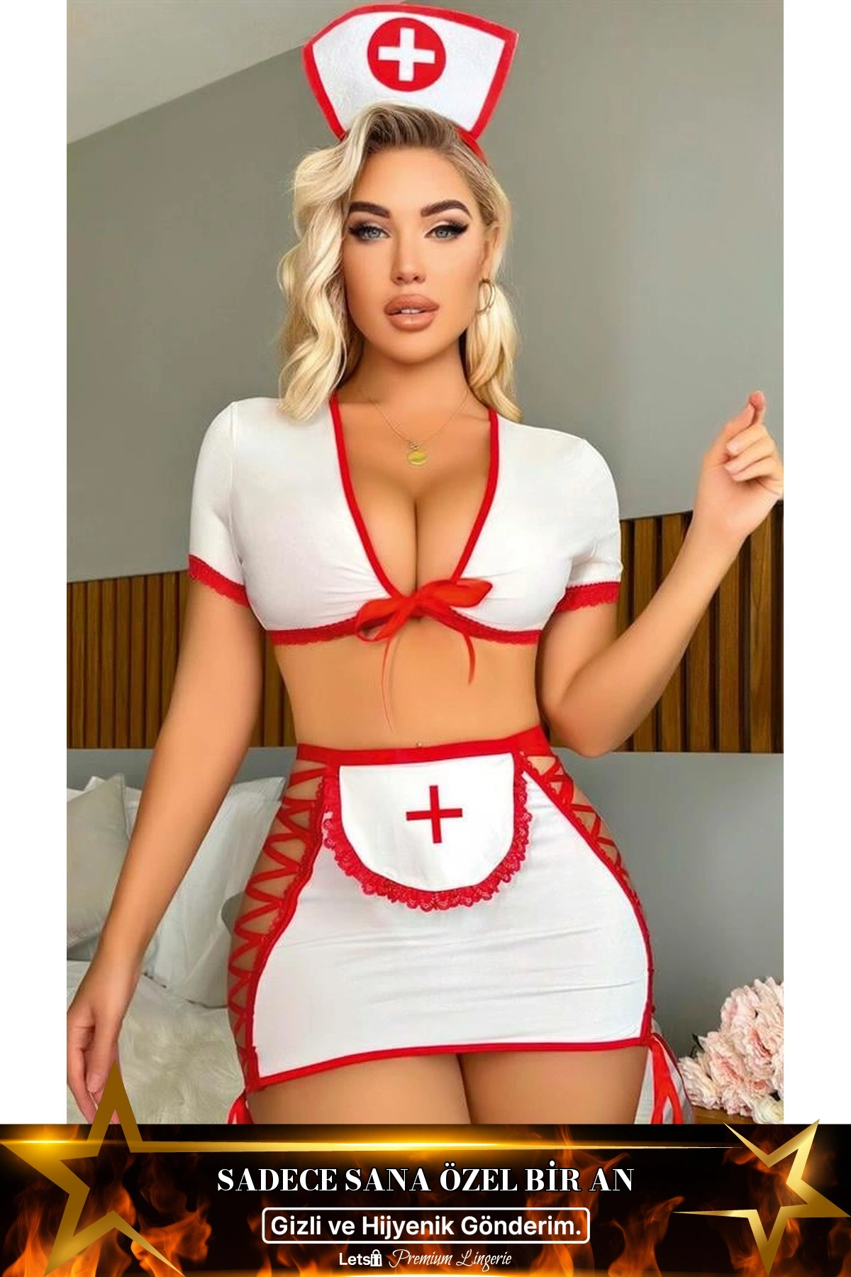 Kenarları İp Detaylı Fantezi Hemşire Kostüm Beyaz Renk