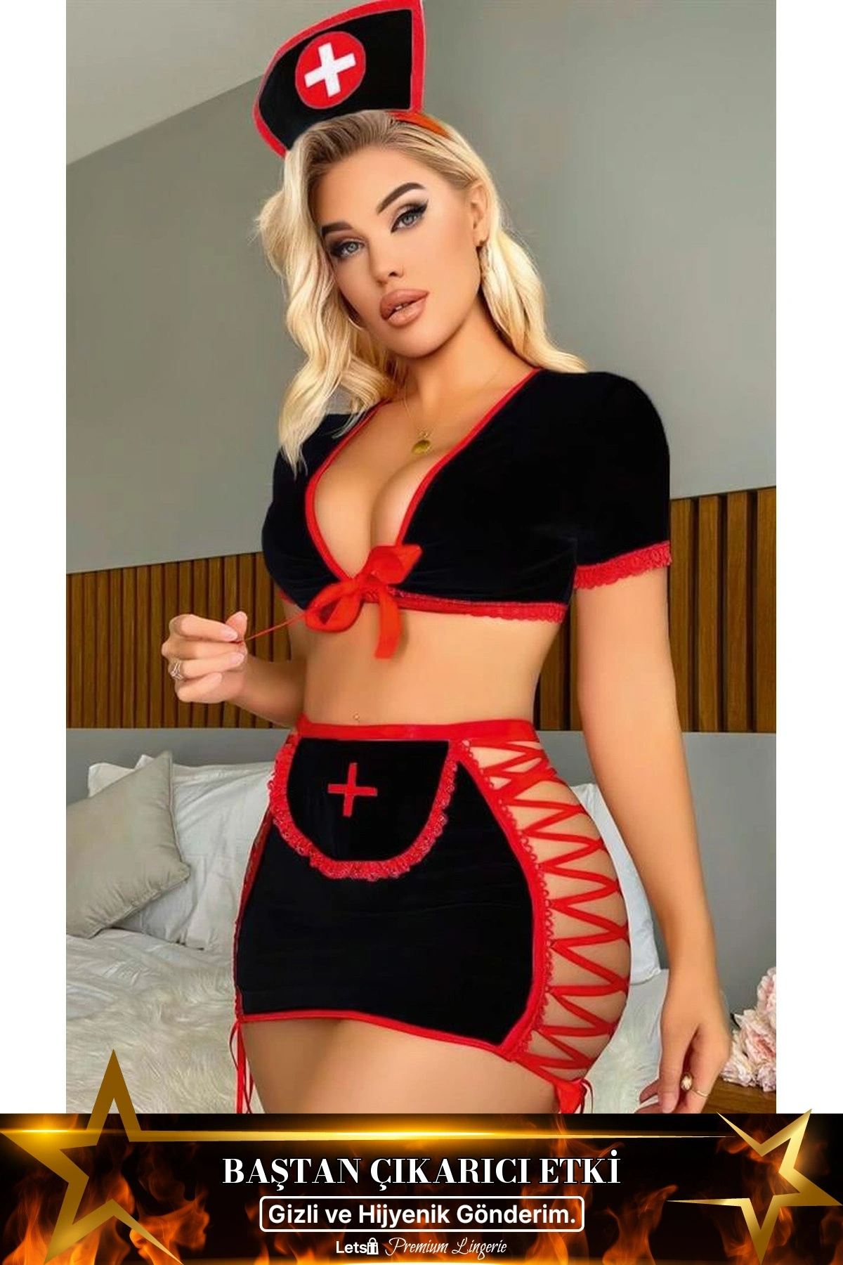 Kenarları İp Detaylı Fantezi Hemşire Kostüm Siyah Renk