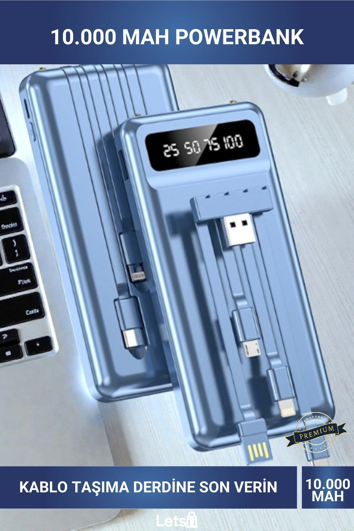 Kendinden Kablolu 10.000 mAh Hızlı Şarj Type C Lightning Micro USB Dijital Ekranlı Powerbank