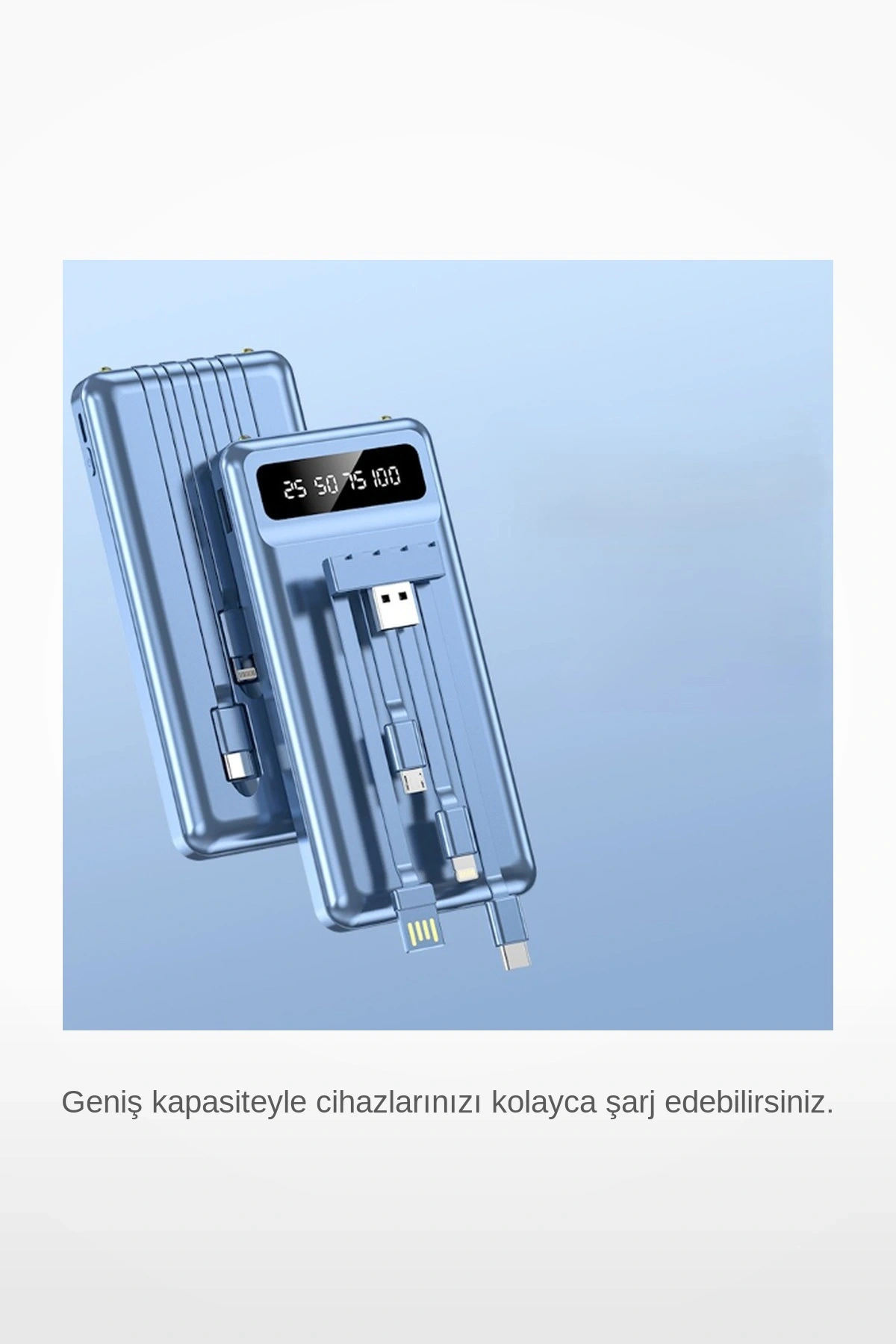 Kendinden Kablolu 10.000 mAh Hızlı Şarj Type C Lightning Micro USB Dijital Ekranlı Powerbank