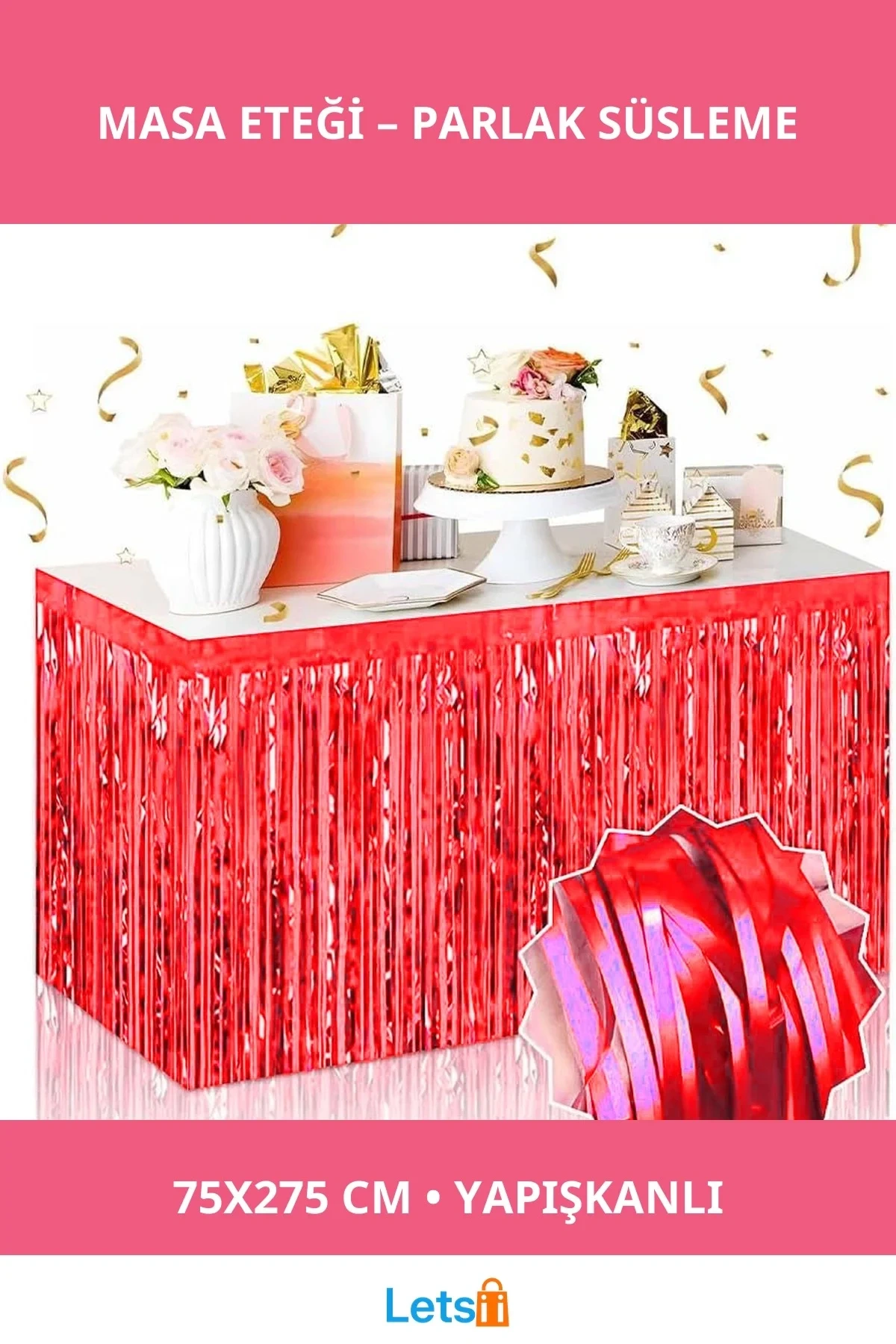 Kendinden Yapışkanlı Kırmızı Metalize Püsküllü Masa Eteği 75x275 cm