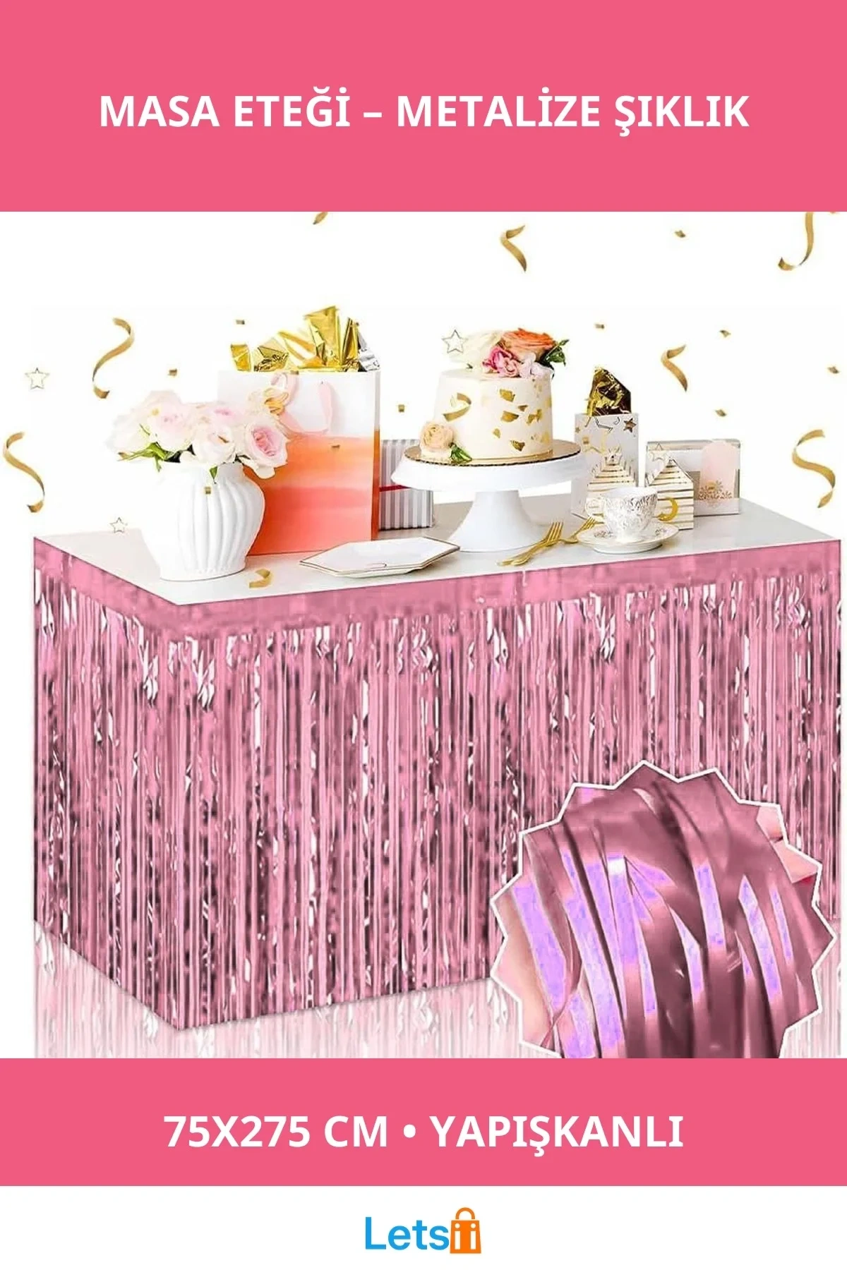 Kendinden Yapışkanlı Rose Gold Metalize Püsküllü Masa Eteği 75 x 275 cm
