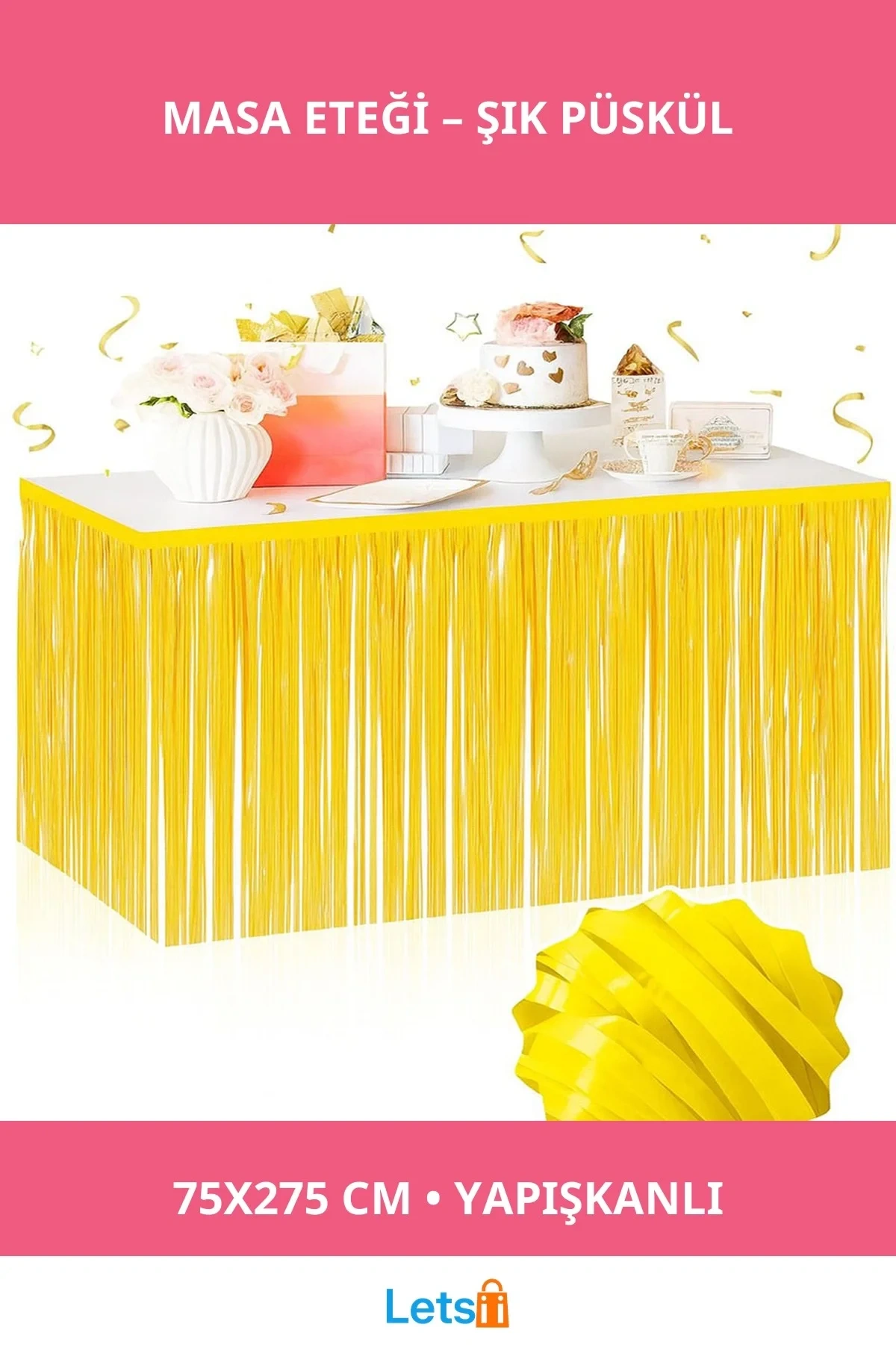 Kendinden Yapışkanlı Sarı Püsküllü Masa Eteği 75x275 cm