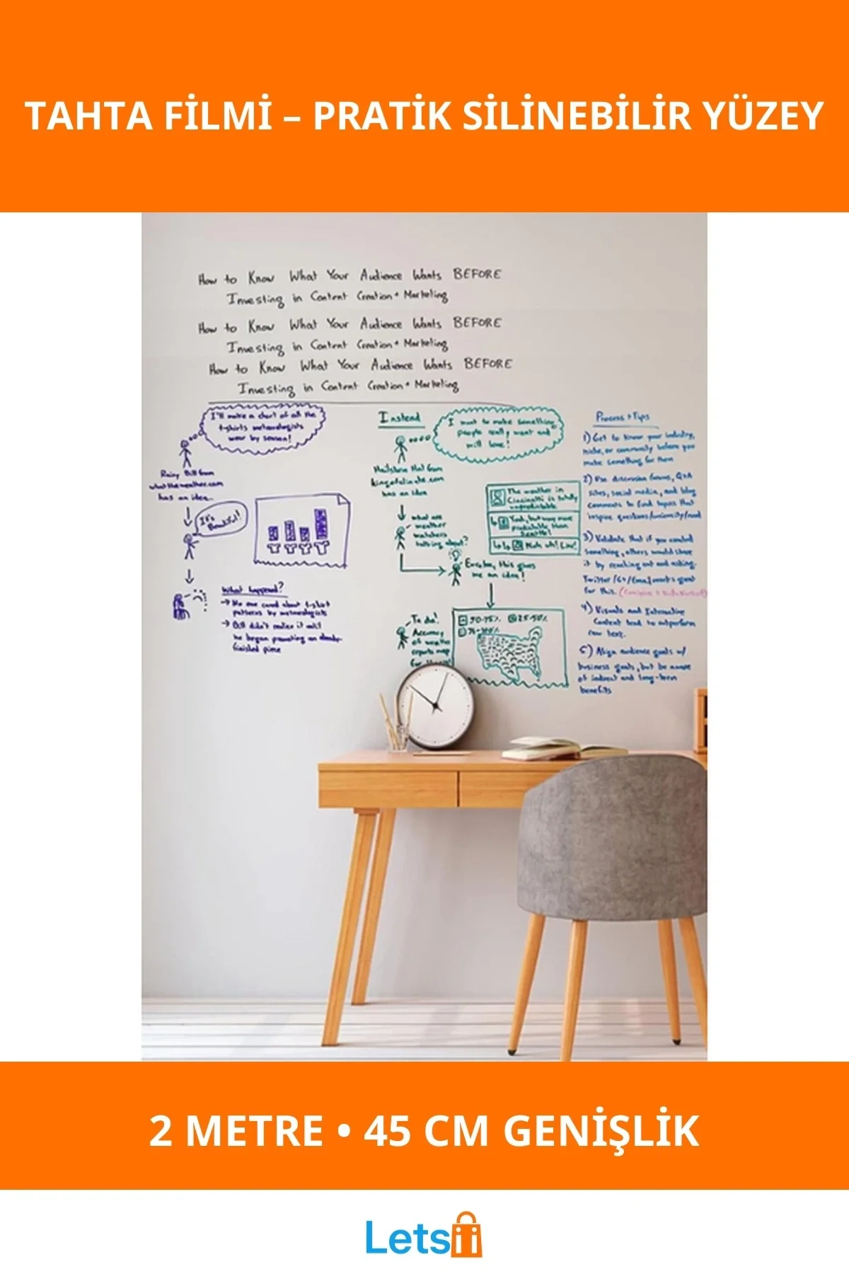Kendinden Yapışkanlı Şeffaf Tahta Filmi 2 Metre x 45 cm Pratik Yazı Yüzeyi