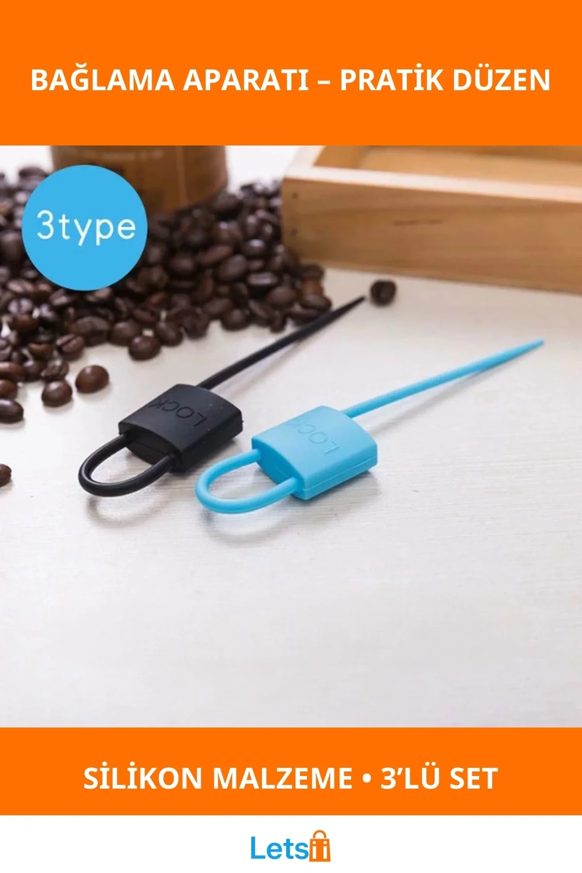 Kilit Şeklinde Esnek Dayanıklı Silikon Kablo ve Poşet Bağlama Aparatı 3lü Set