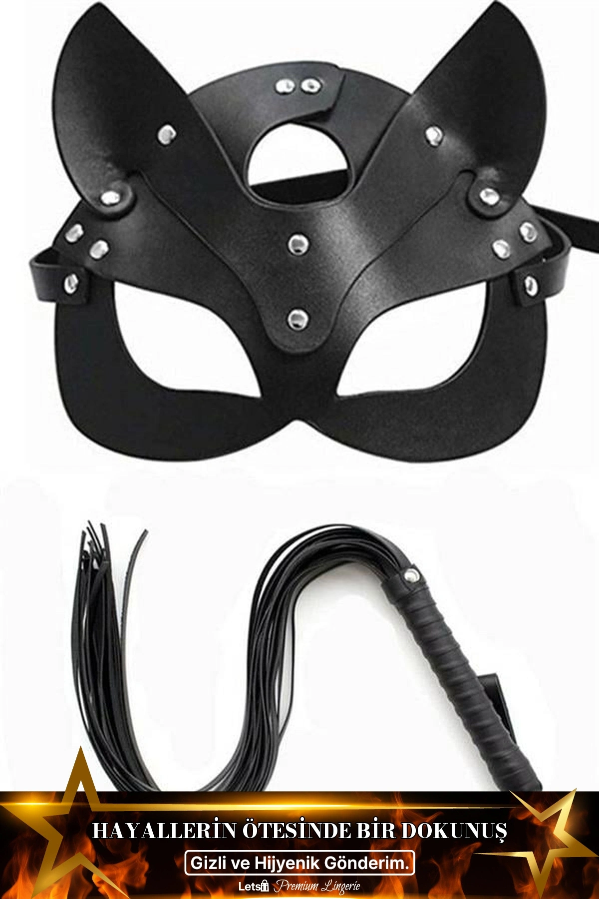 Kırbaç Ve Maske Fantezi Aksesuar Seti Siyah Renk