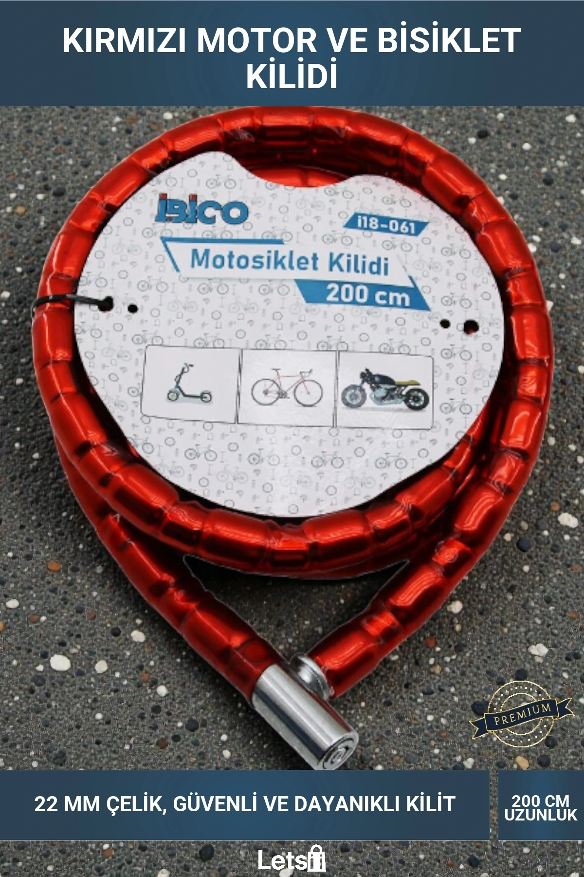 Kırmızı 22mm x 200cm Tüp Anahtarlı Çelik Motor ve Bisiklet Kilidi
