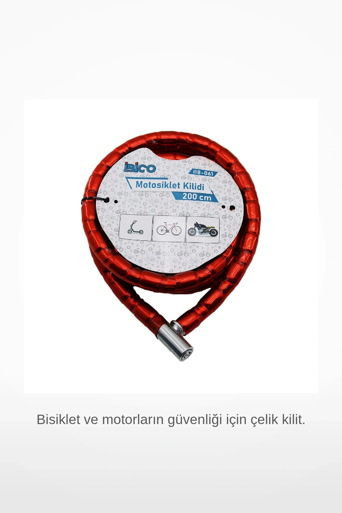 Kırmızı 22mm x 200cm Tüp Anahtarlı Çelik Motor ve Bisiklet Kilidi