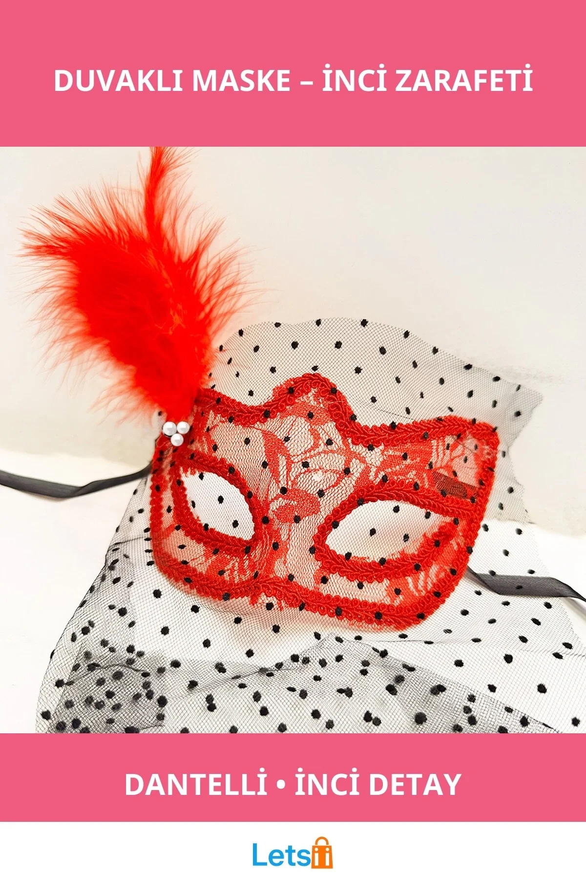 Kırmızı Dantel Duvaklı İnci Aksesuarlı Parti Maskesi Balo