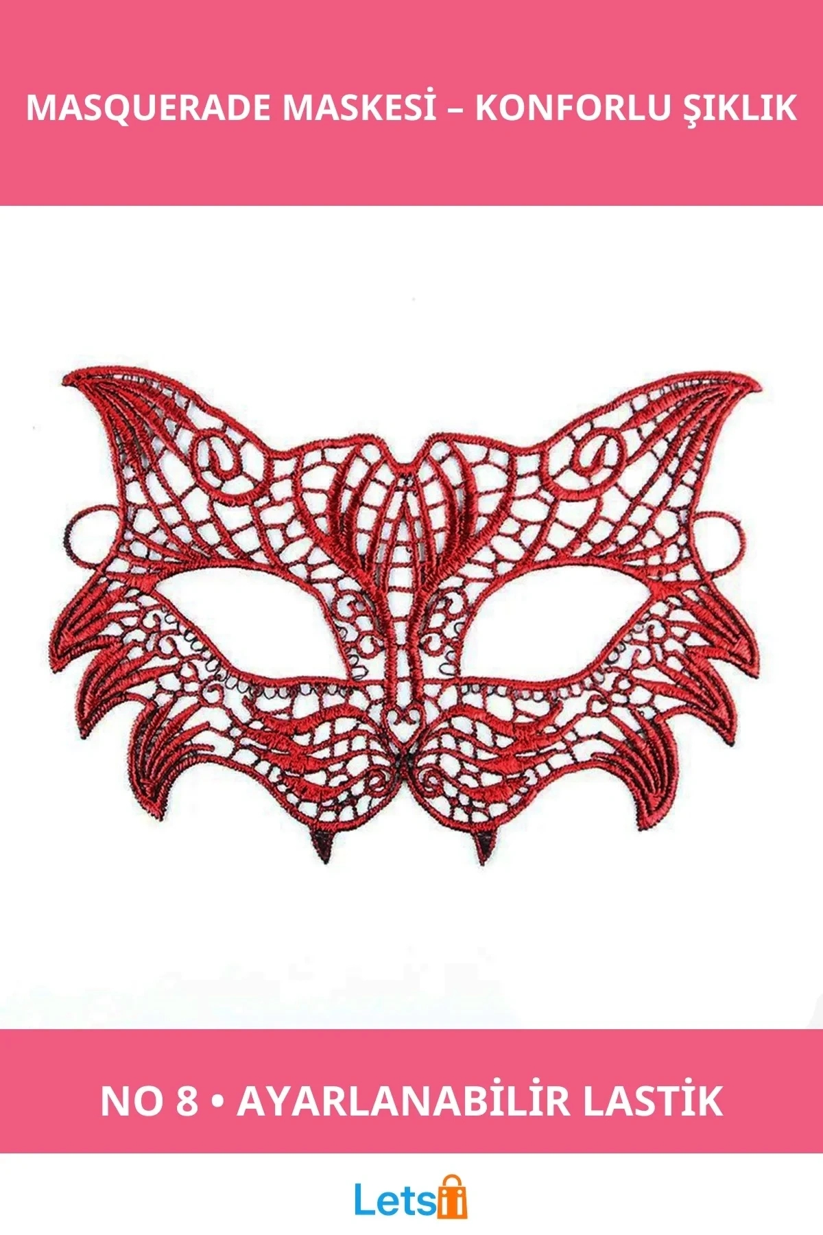 Kırmızı Dantel İşlemeli Masquerade Maskesi 8 No