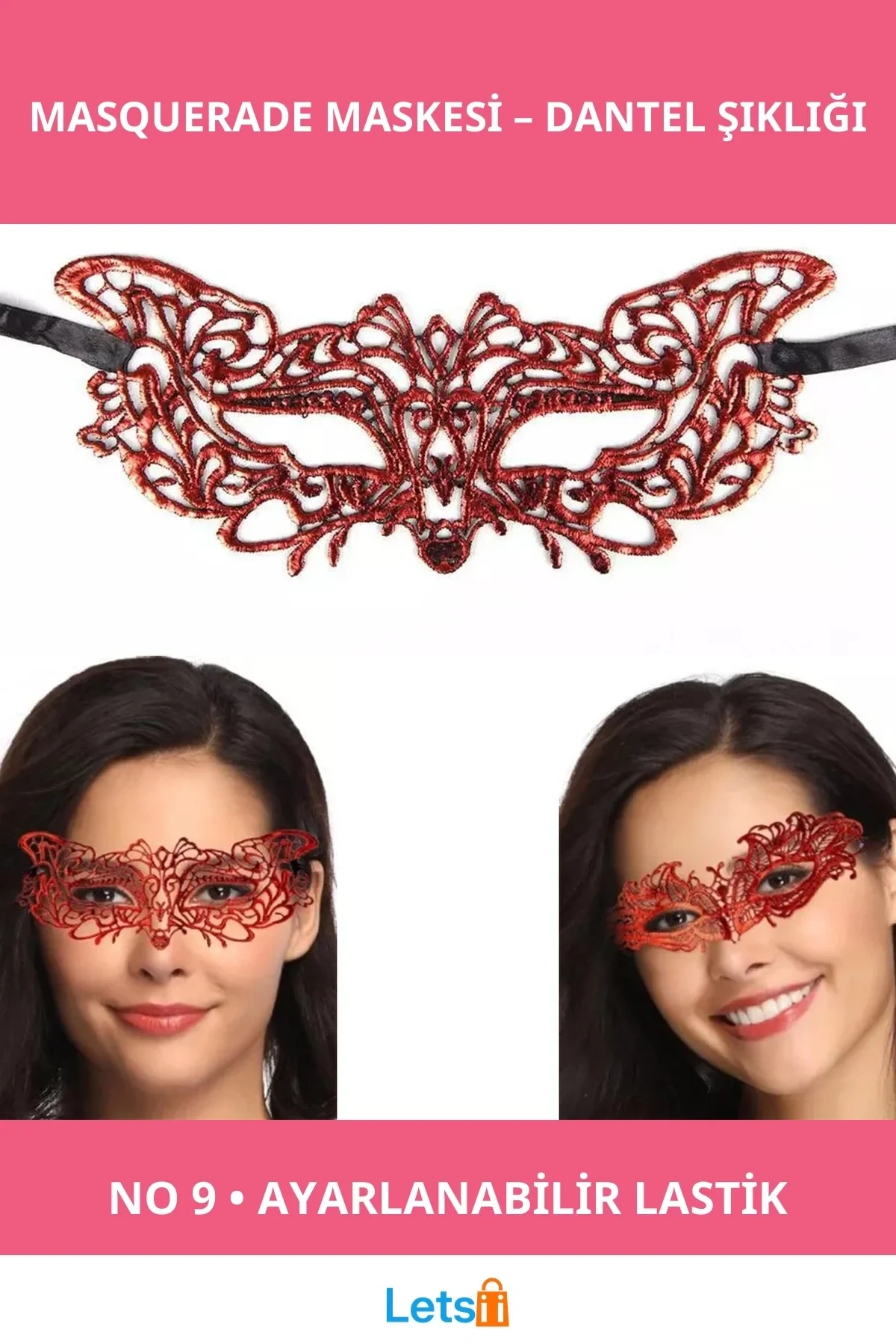 Kırmızı Dantel Şık Masquerade Maskesi 9 No