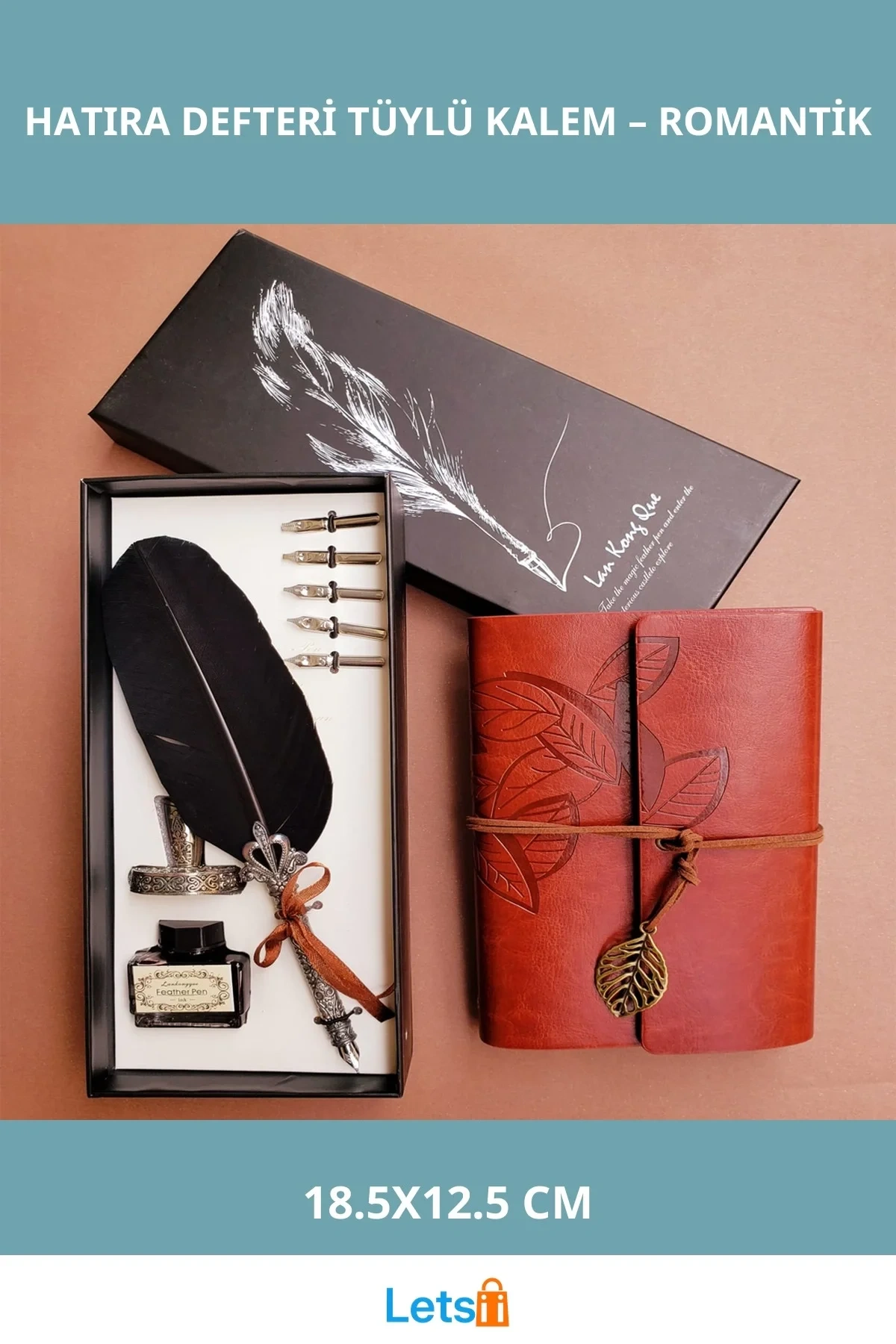 Kırmızı Deri Nostaljik Hatıra Defteri ve Tüylü Kalem Seti