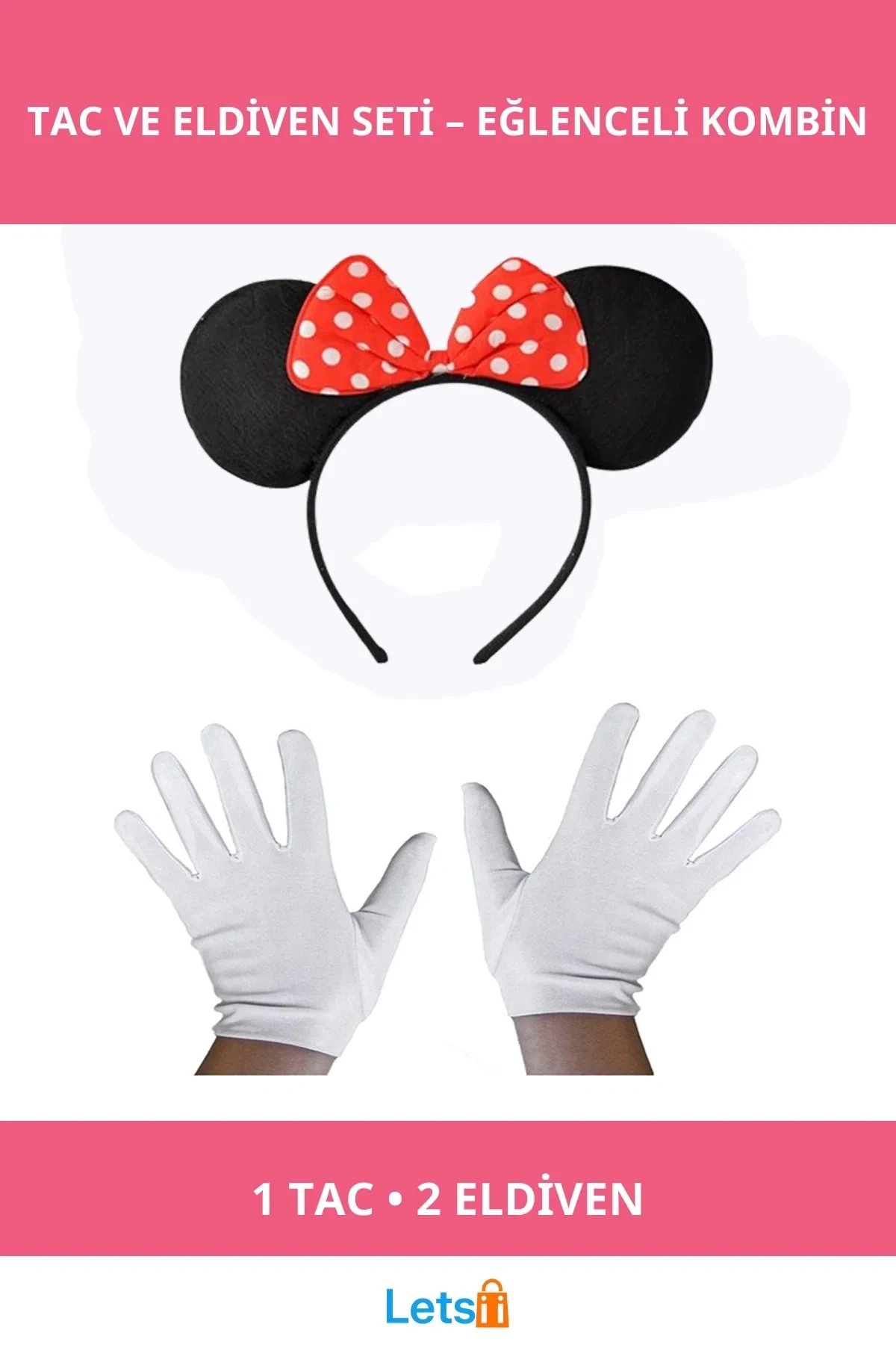 Kırmızı Fiyonklu Minnie Mouse Tacı ve Beyaz Eldivenler Eğlenceli Parti Aksesuarı