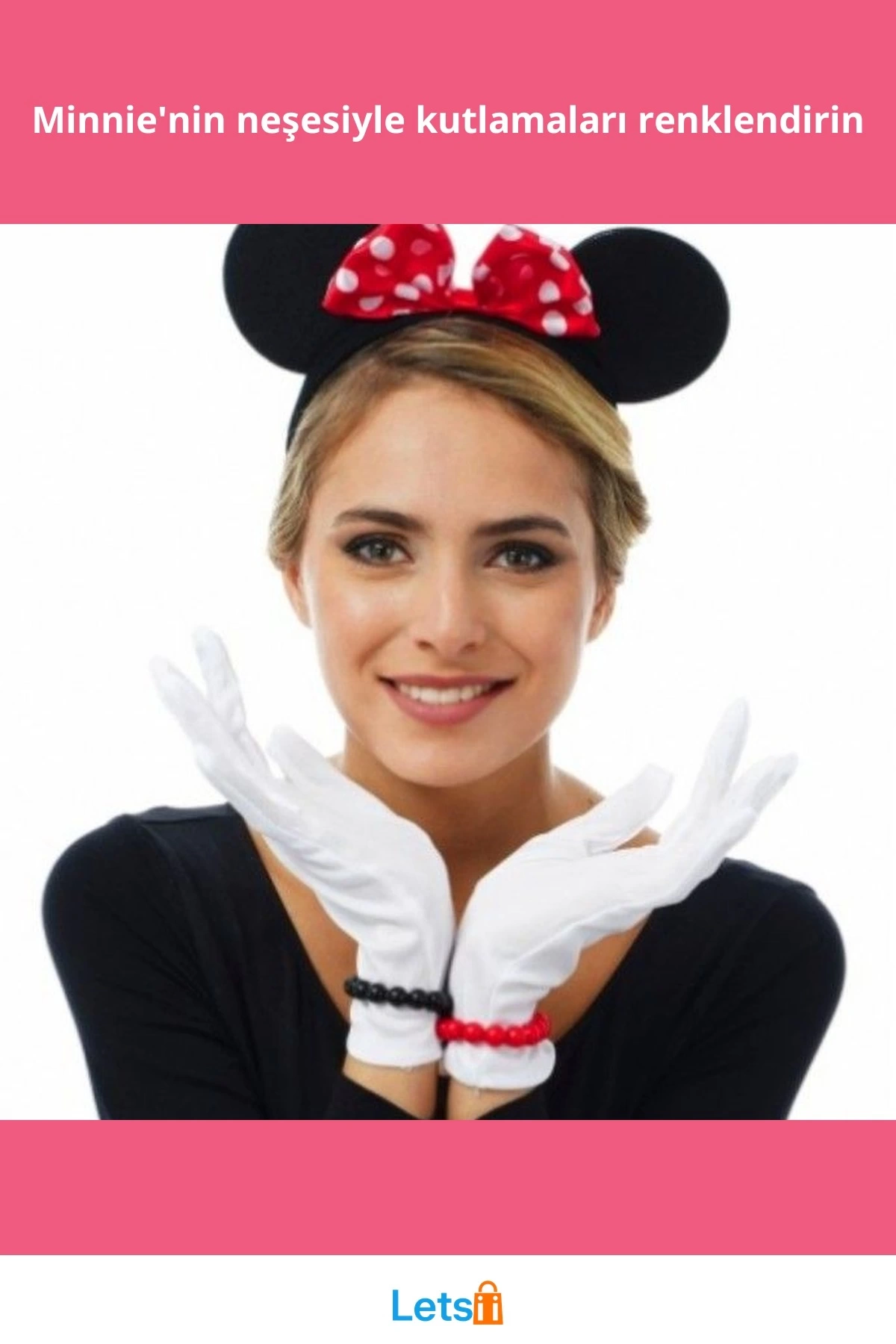 Kırmızı Fiyonklu Minnie Mouse Tacı ve Beyaz Eldivenler Eğlenceli Parti Aksesuarı