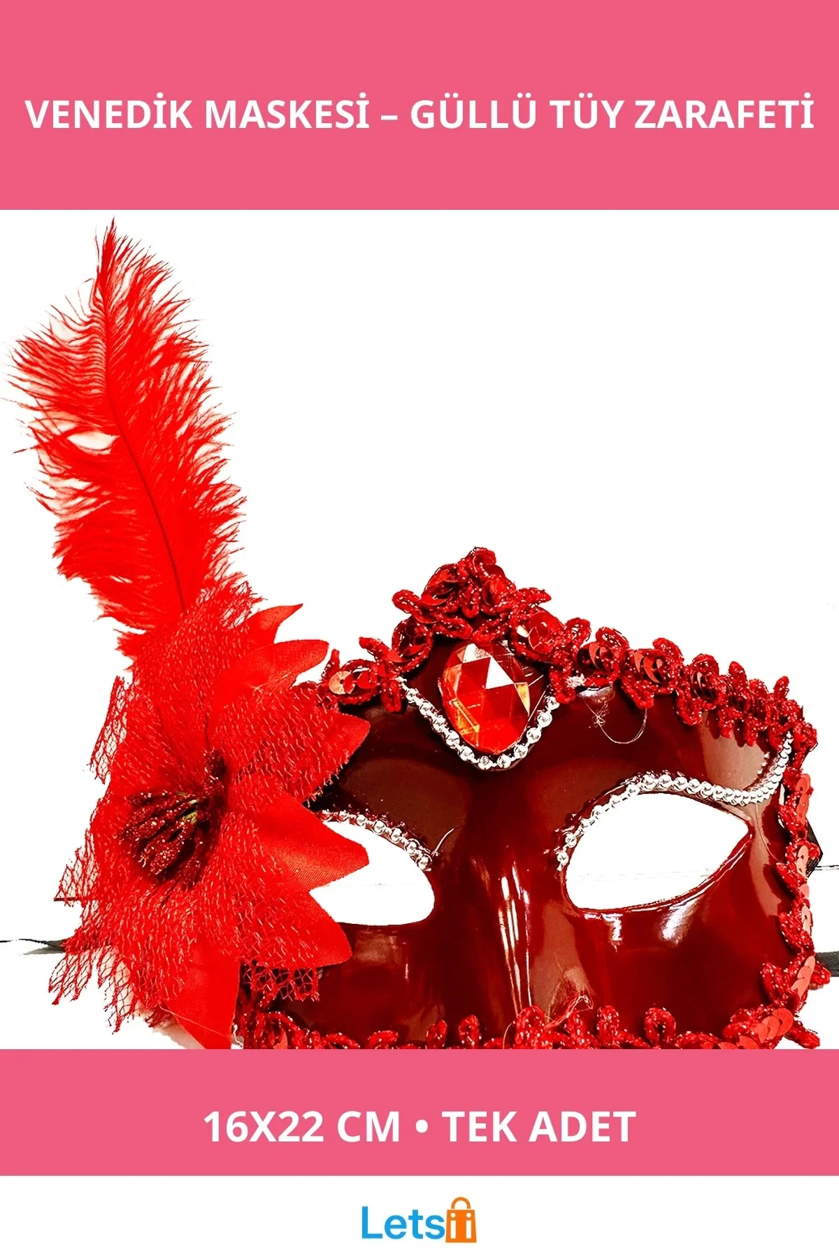 Kırmızı Güllü ve Tüylü Dekoratif Venedik Maskesi 16x22 cm
