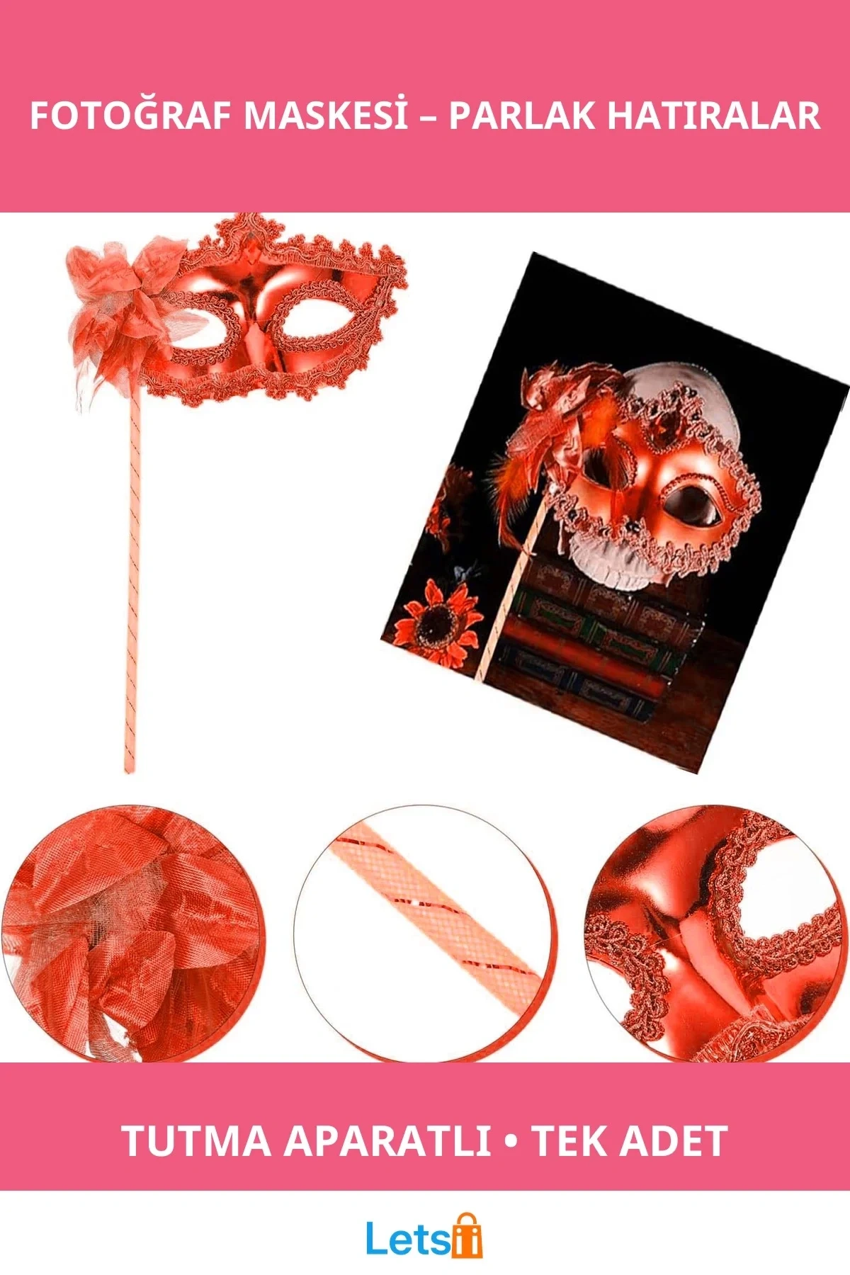 Kırmızı Işıltılı Tutmalı Fotoğraf Çekimi Maskesi