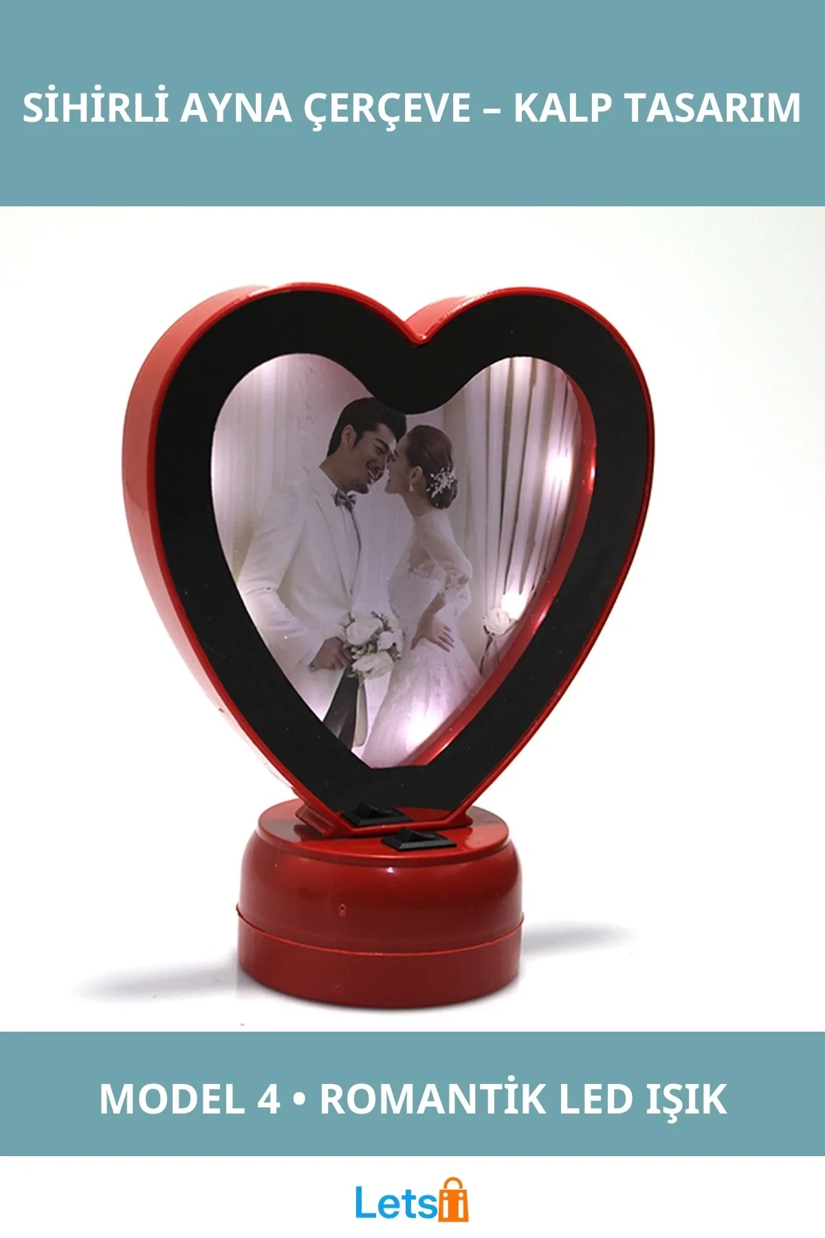 Kırmızı Kalp Tasarımlı Ledli Sihirli Ayna Çerçeve