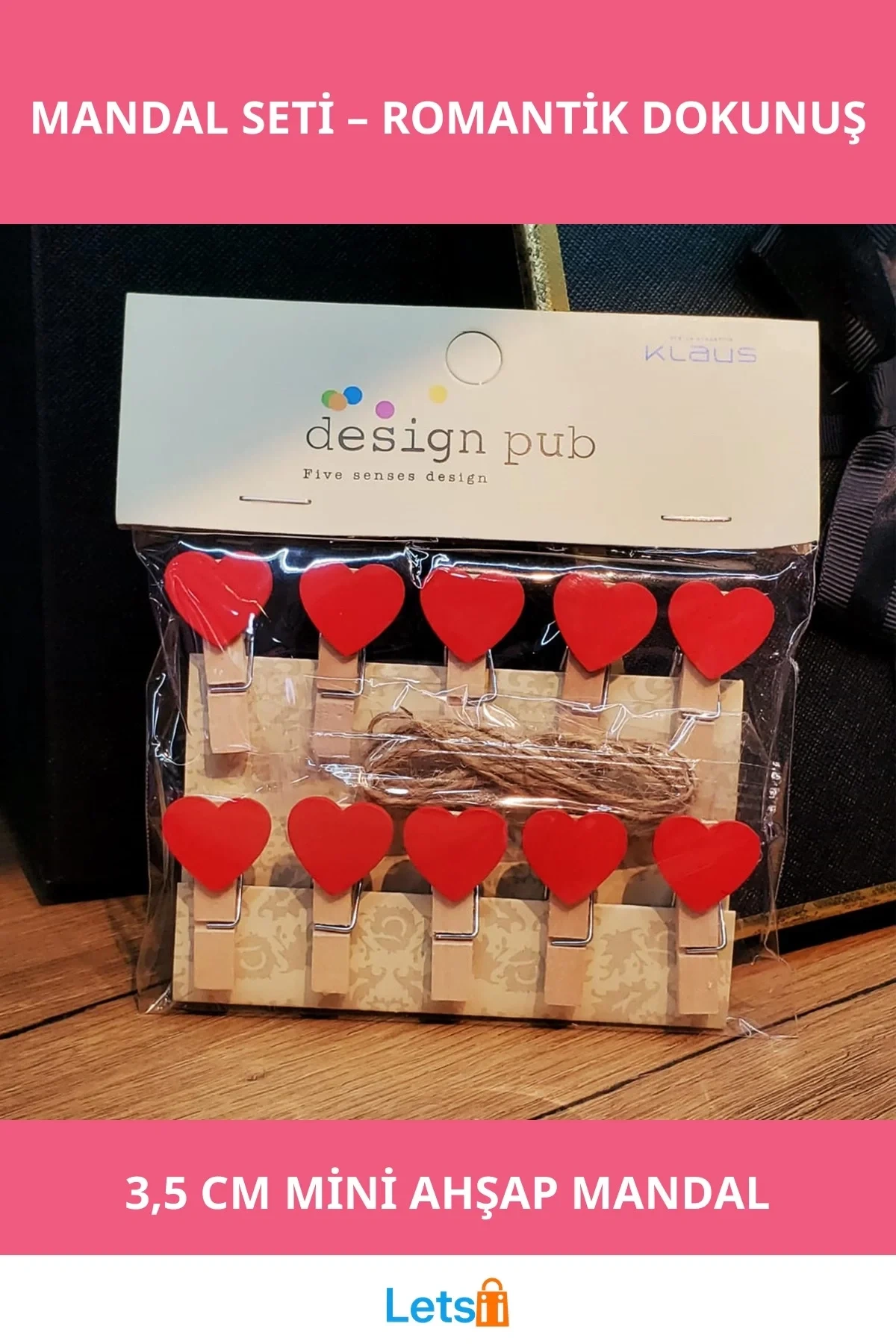Kırmızı Kalpli Ahşap Mandal Seti 10 Adet Mini Dekoratif Mandal