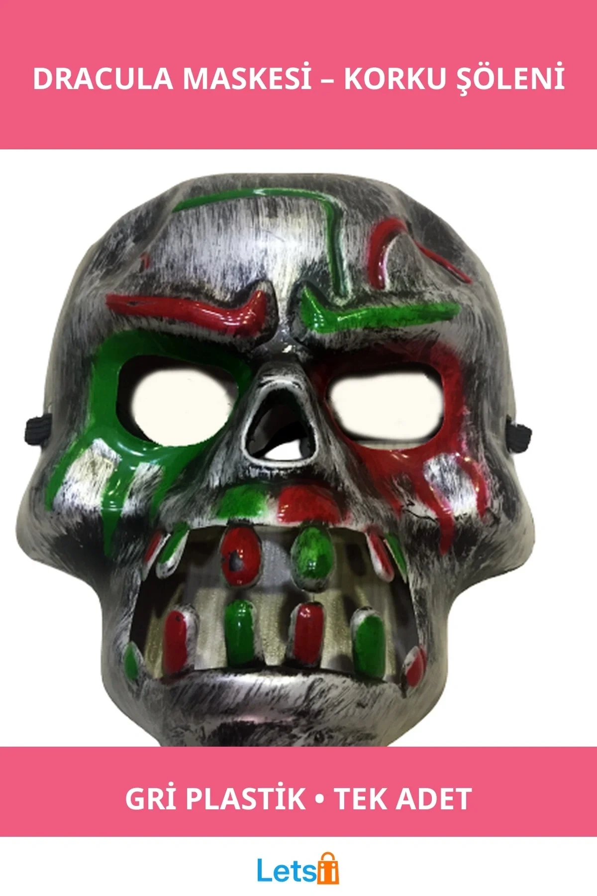 Kırmızı Kan Şeritli Dişli Dracula Kuru Kafa Maskesi Gri Renk Parti Aksesuarı