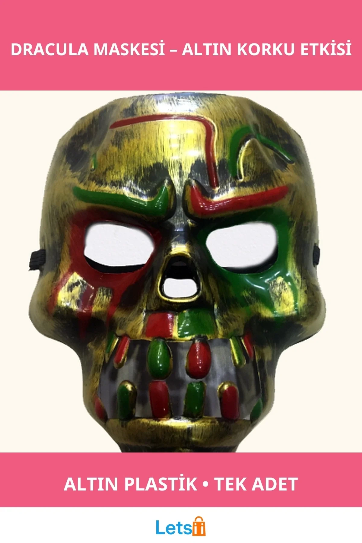 Kırmızı Kanlı Dişli Altın Renk Dracula Kafatası Maskesi