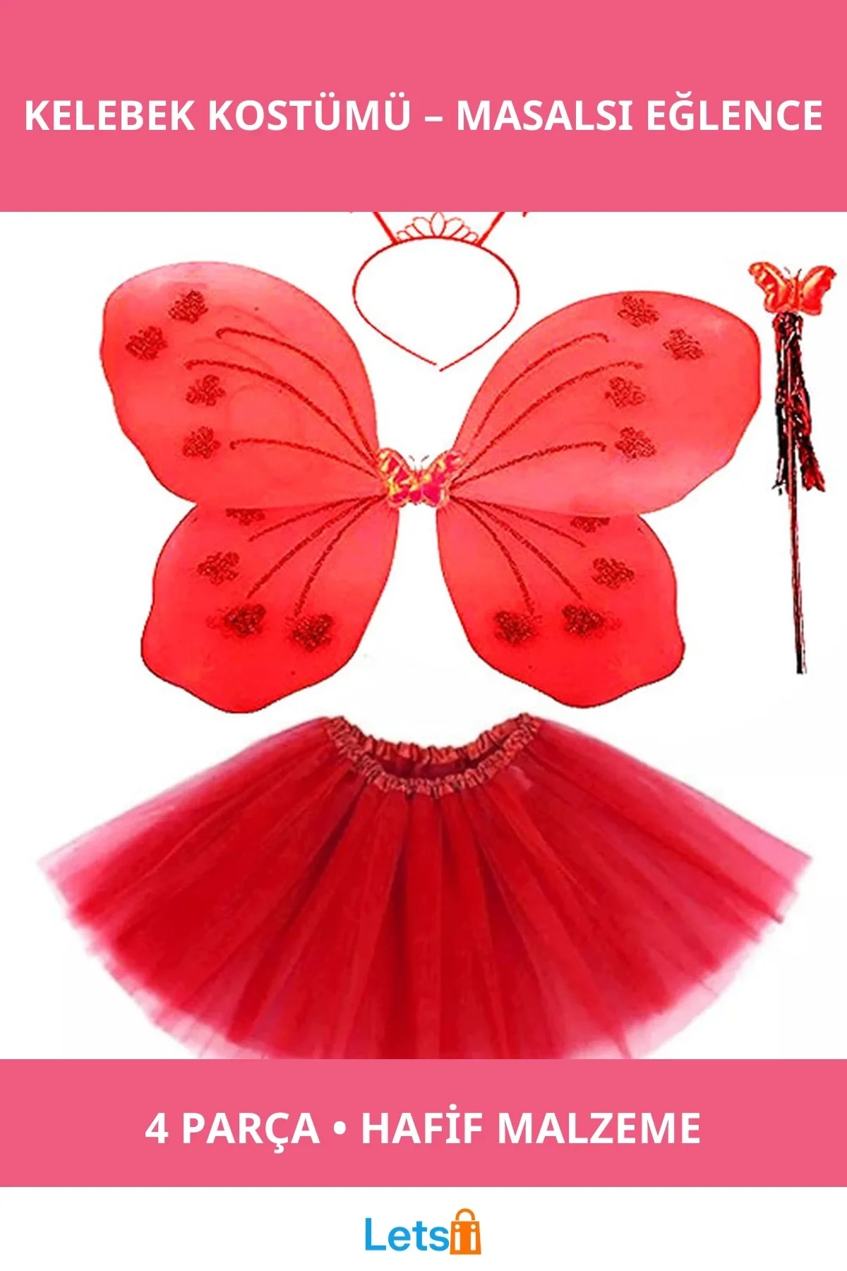 Kırmızı Kelebek Kostümü Çocuklar için 4 Parça Aksesuar Seti