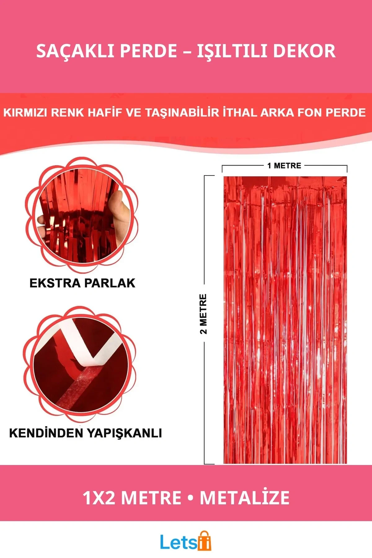 Kırmızı Metalize Parlak Saçaklı Perde 1x2 metre