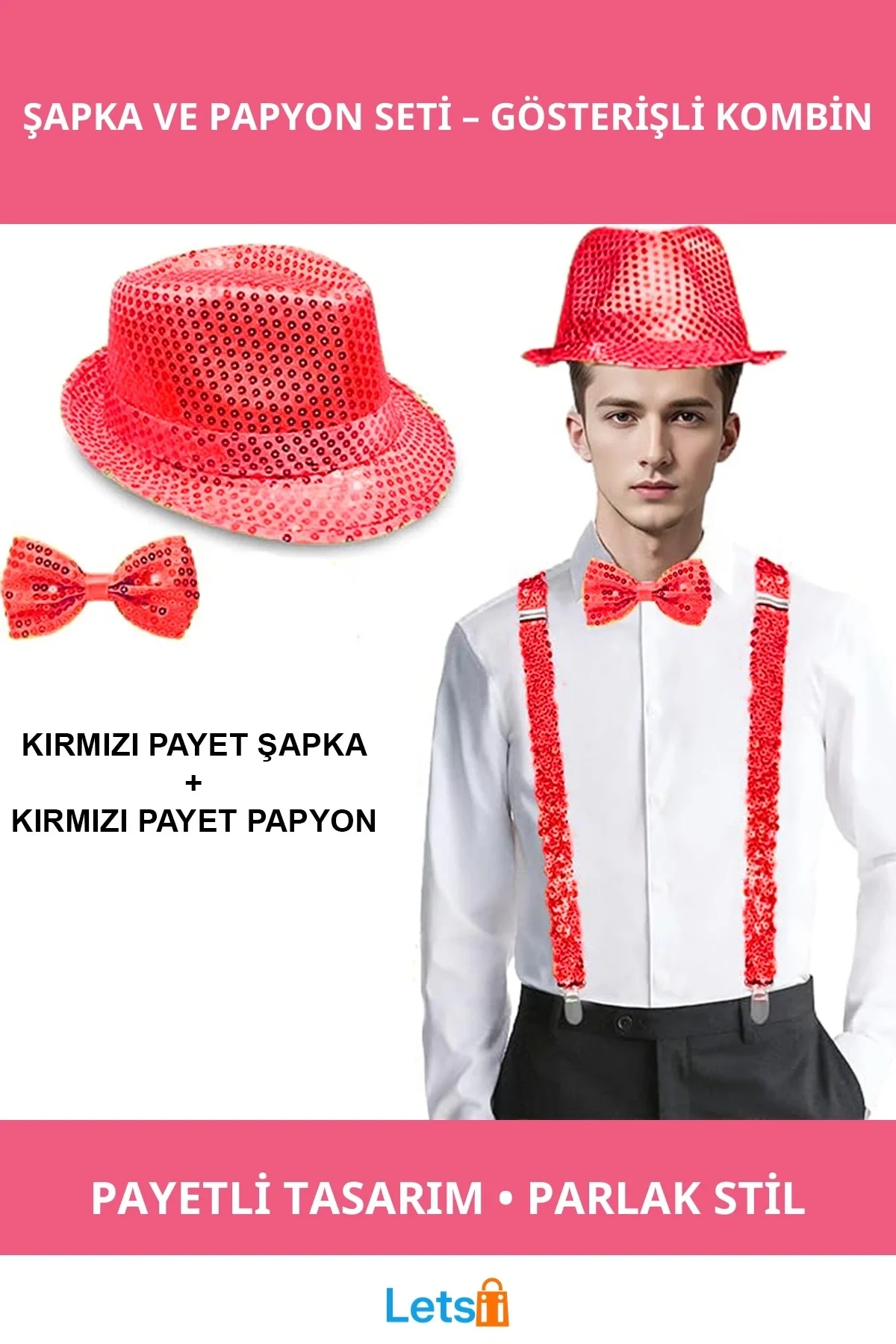 Kırmızı Payetli Işıl Işıl Şapka ve Papyon Takımı Şıklık ve Eğlence İçin