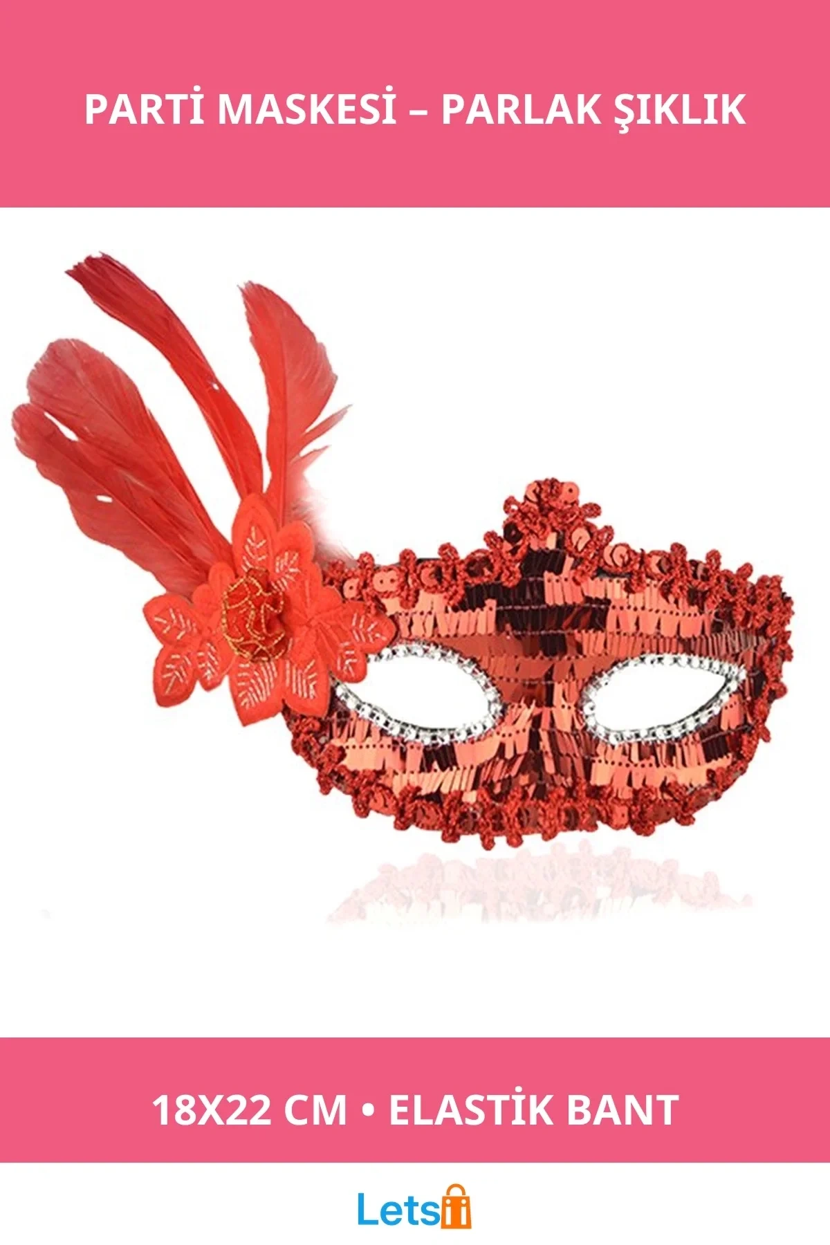 Kırmızı Payetli Pullu Tüylü Parti Maskesi Yetişkinler İçin