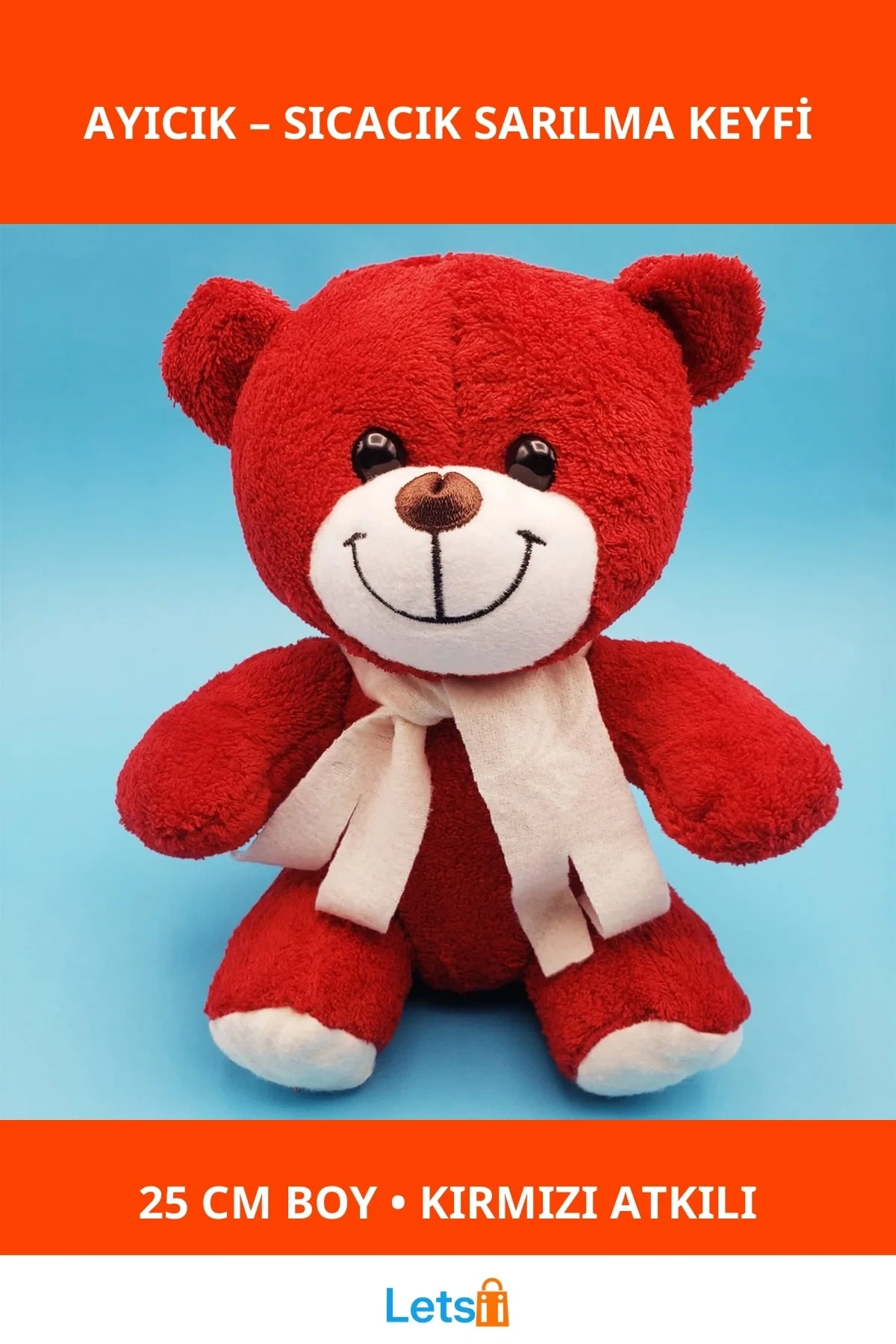 Kırmızı Peluş Atkılı Şık Oyuncak Ayıcık 25 cm