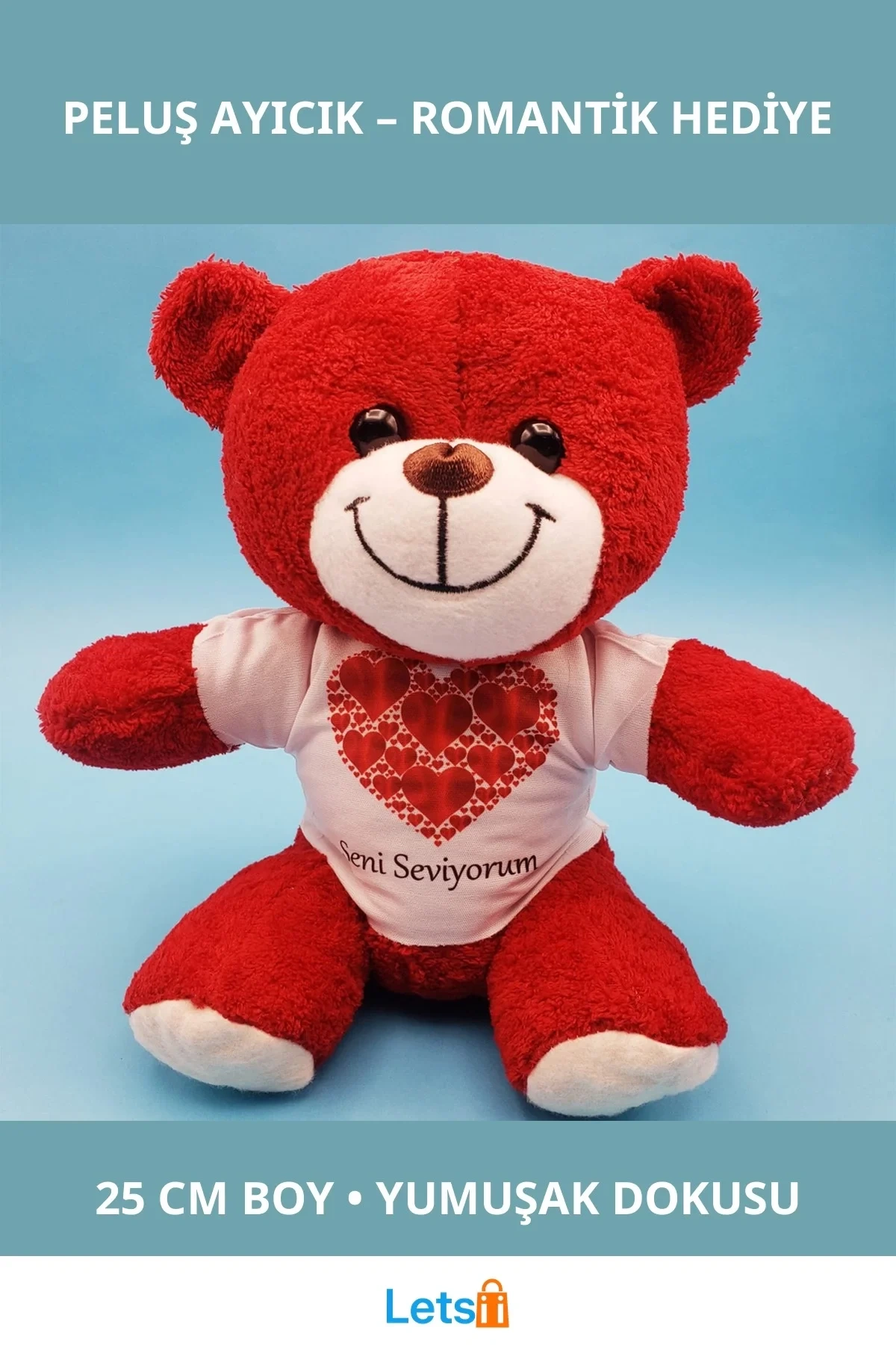 Kırmızı Peluş Oyuncak Kalpli Seni Seviyorum Tişörtlü Ayıcık 25 cm