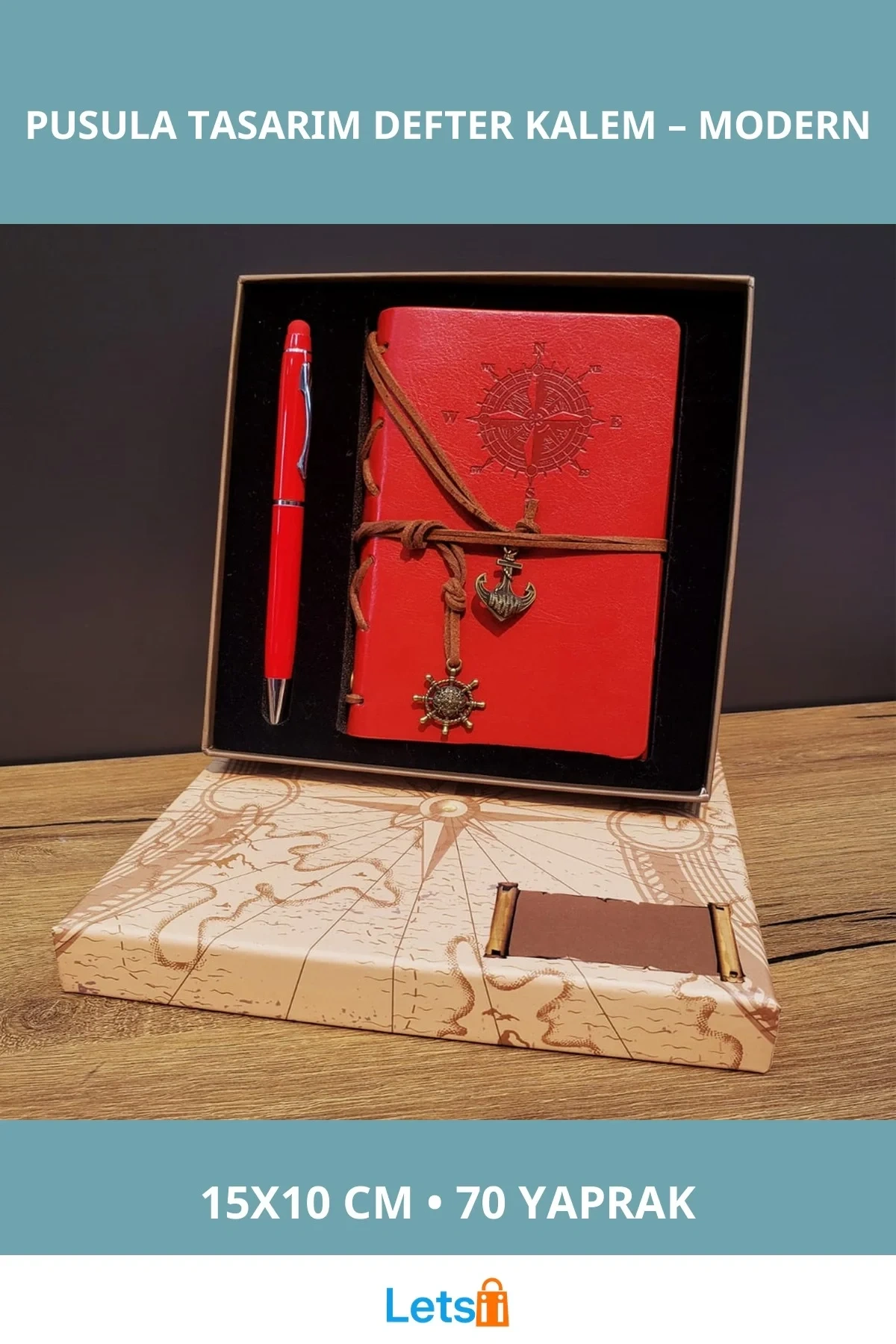 Kırmızı Pusula Tasarım Deri Defter 70 Yapraklı ve Touchpen Kalem