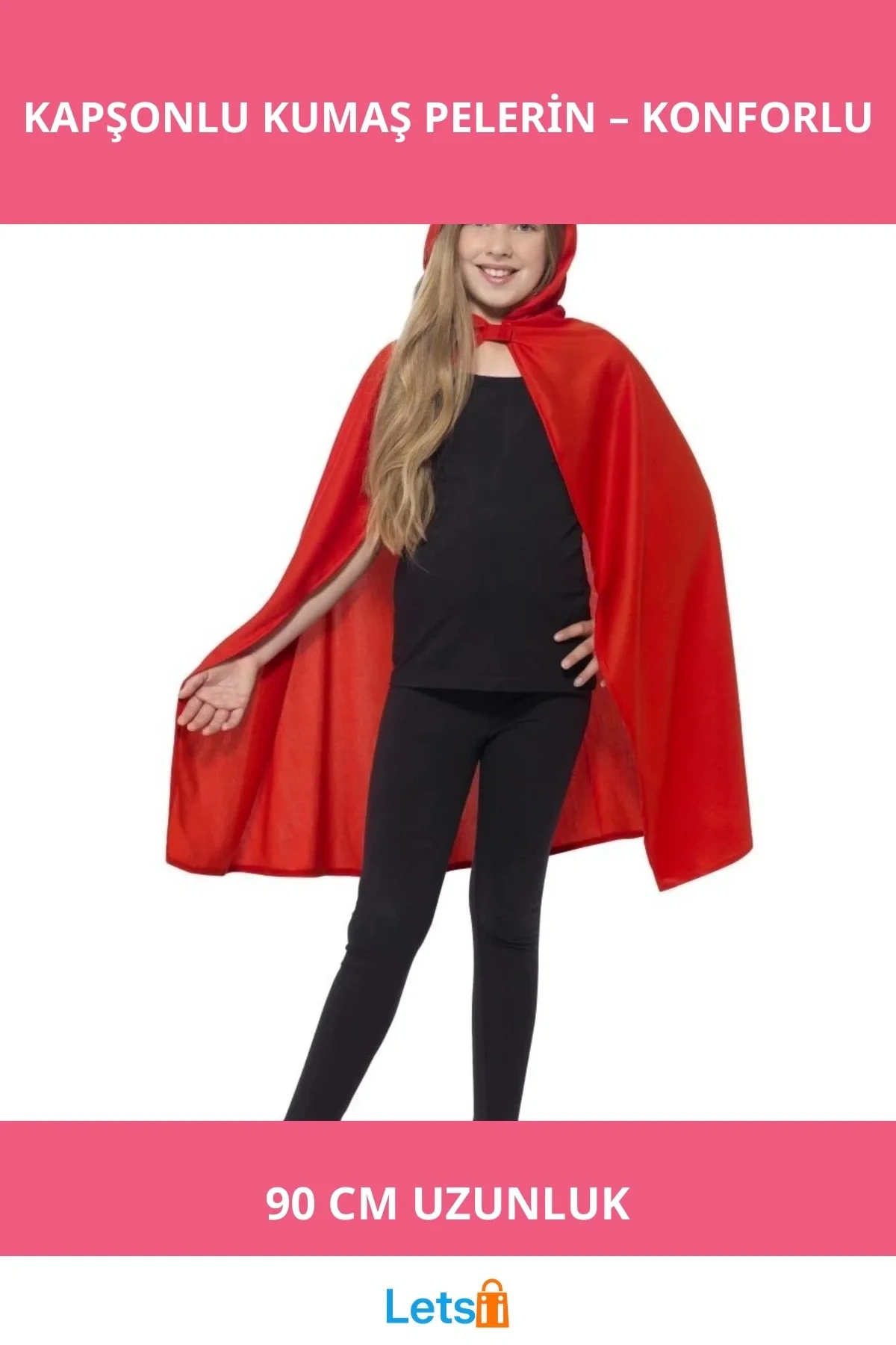 Kırmızı Renk Kapşonlu Kumaş Pelerin 90 cm Kostüm Aksesuarı
