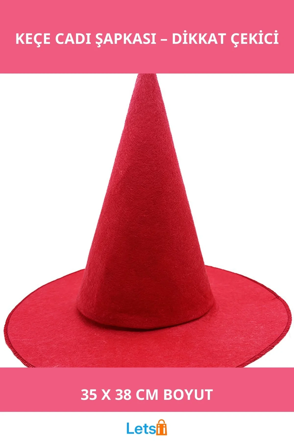Kırmızı Renk Keçe Cadı Şapkası Yetişkin ve Çocuk Uyumlu 35x38 cm