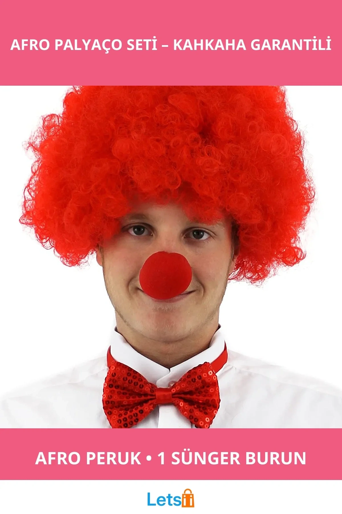 Kırmızı Renk Kıvırcık Afro Palyaço Peruk ve Burun Seti