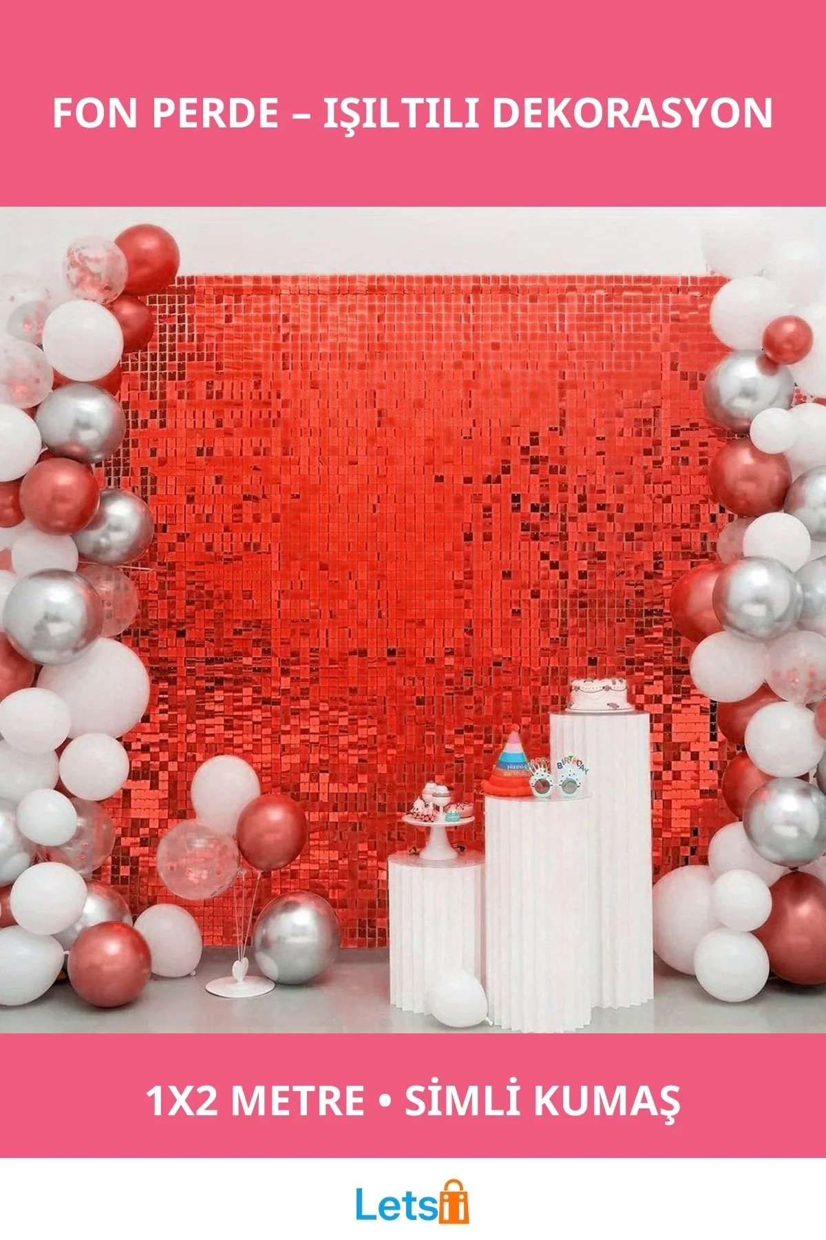 Kırmızı Simli Fon Perde 1x2 m Işıltılı Dekorasyon Perdesi