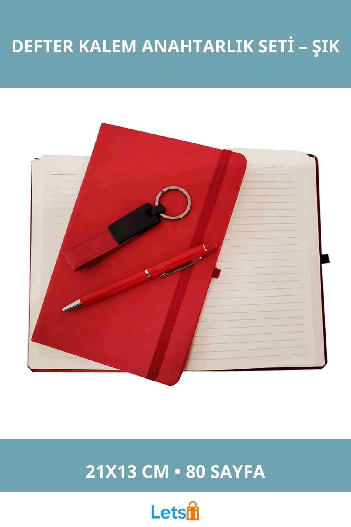 Kırmızı Termo Deri Defter Metal Kalem ve Deri Anahtarlık Seti