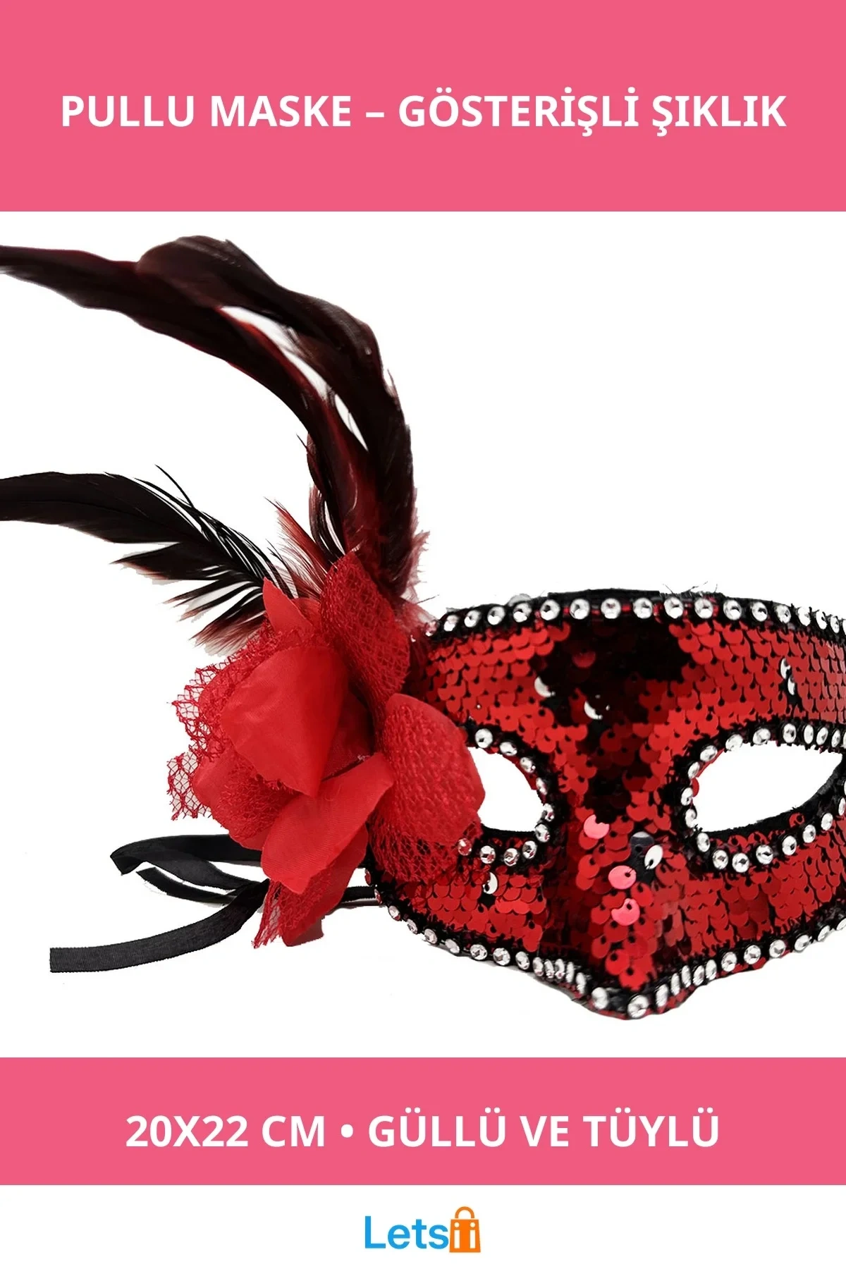 Kırmızı Yandan Tüylü Güllü Taşlı Pullu Maske