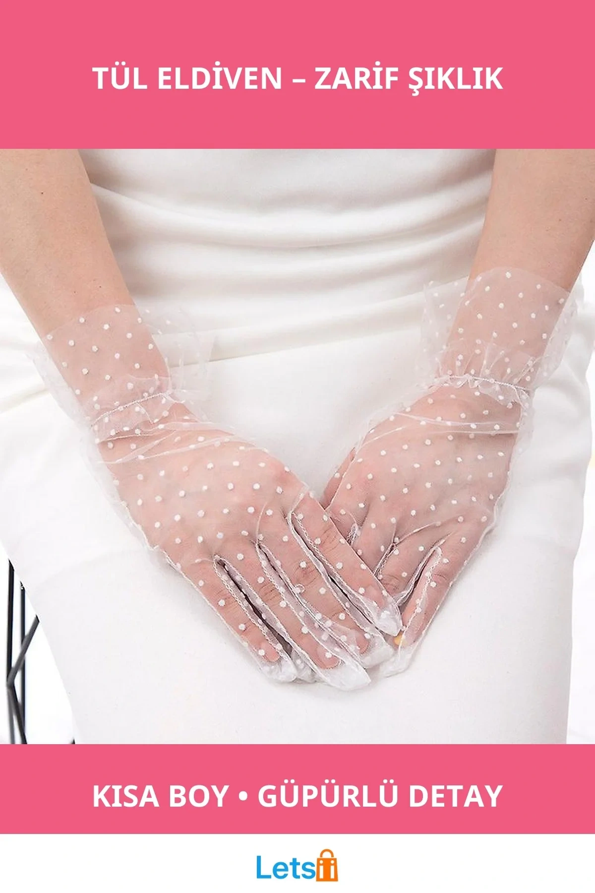 Kısa Boy Güpürlü Beyaz Puantiyeli Tül Eldiven