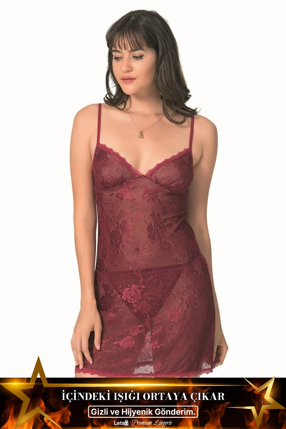 Kısa Jakarlı Fantezi Gecelik Takımı Bordo Renk