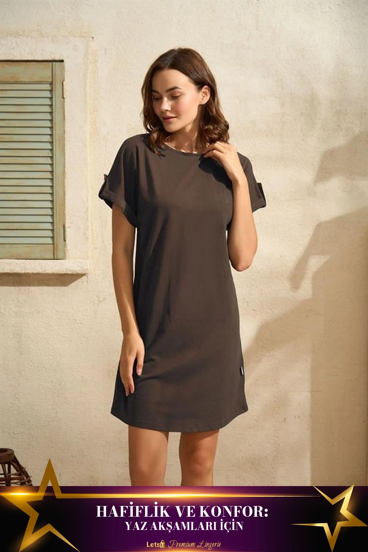 Kısa Kollu Bisiklet Yaka Pamuklu Pijama Takımı Kahverengi Renk