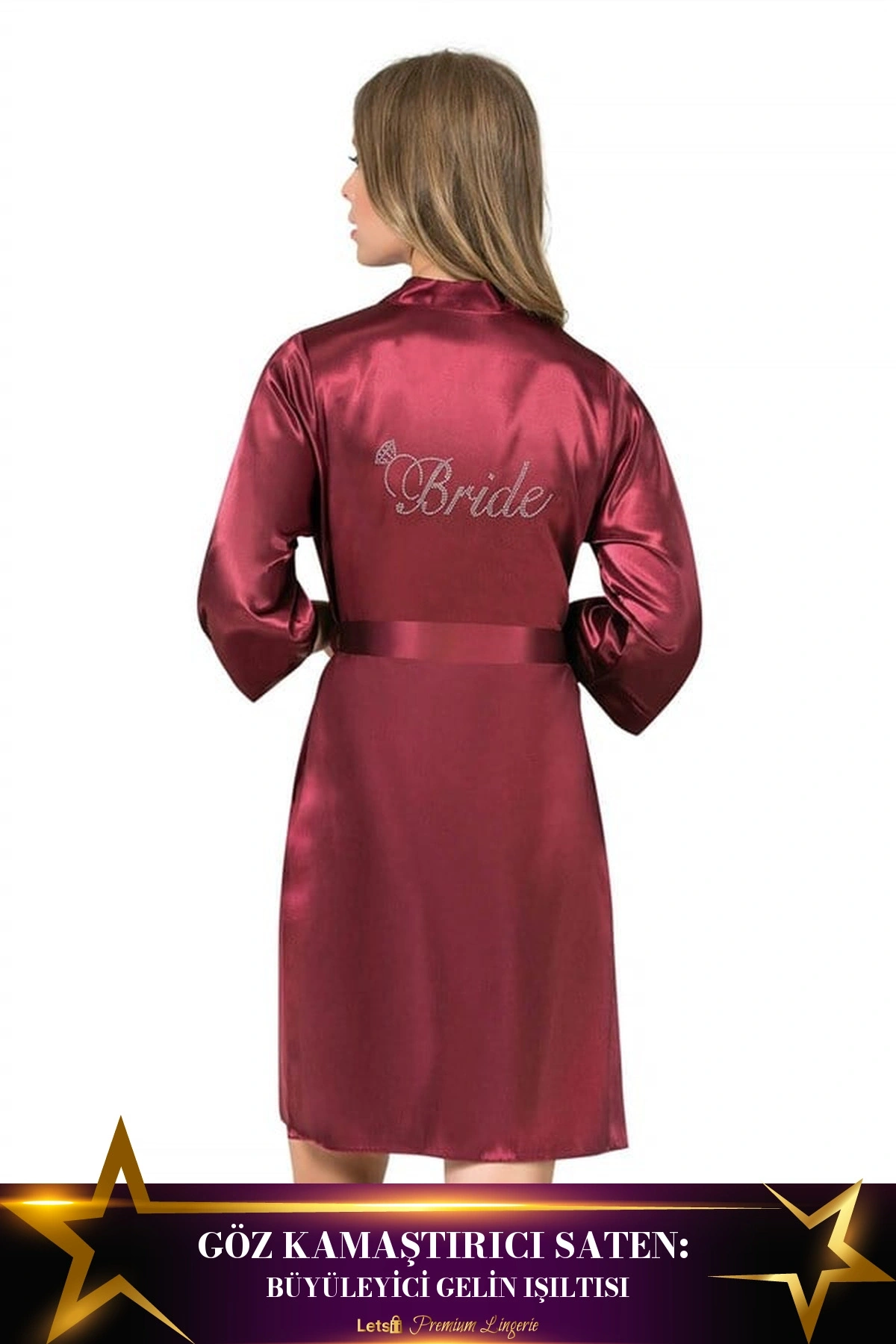 Kısa Saten Bride Sabahlık Bordo Renk