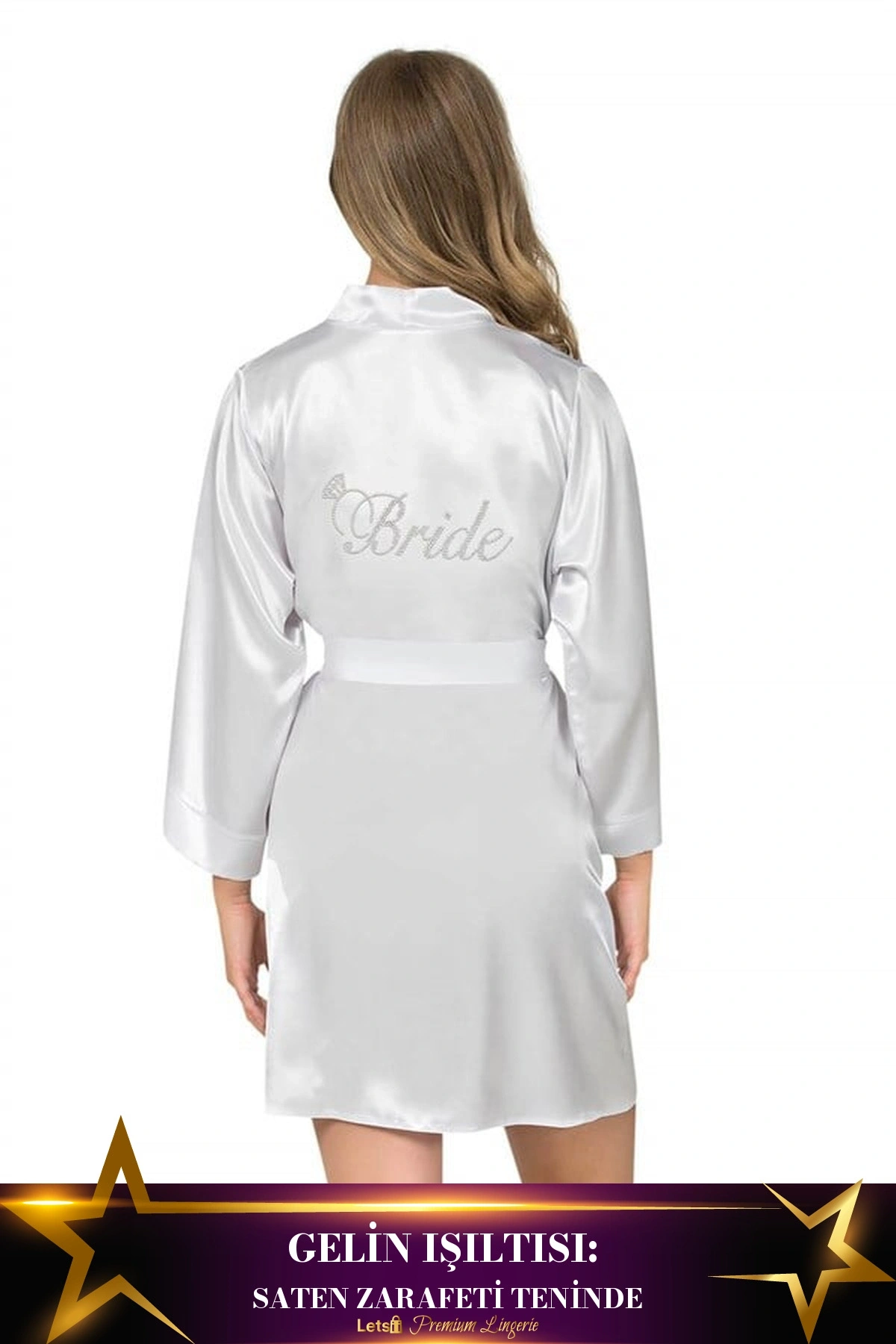 Kısa Saten Bride Sabahlık Ekru Renk