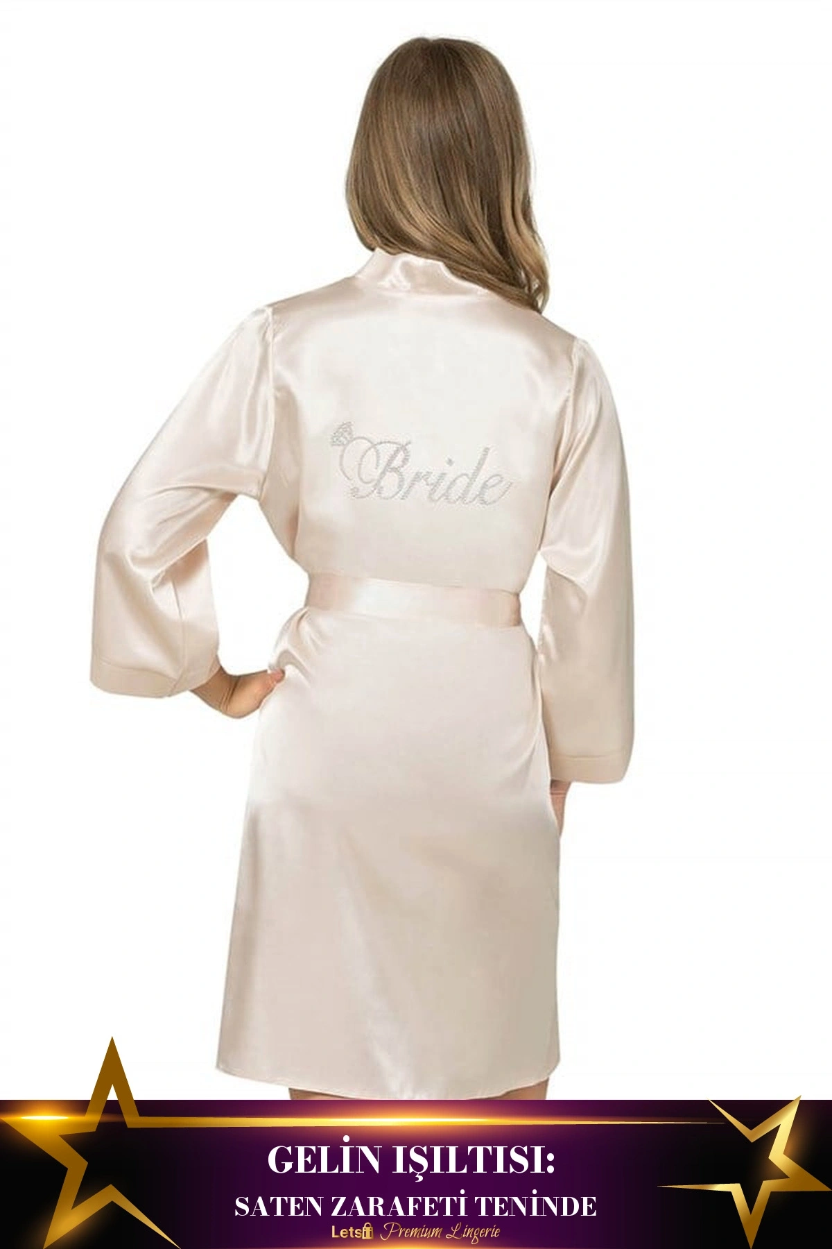 Kısa Saten Bride Sabahlık Fil Dişi Renk