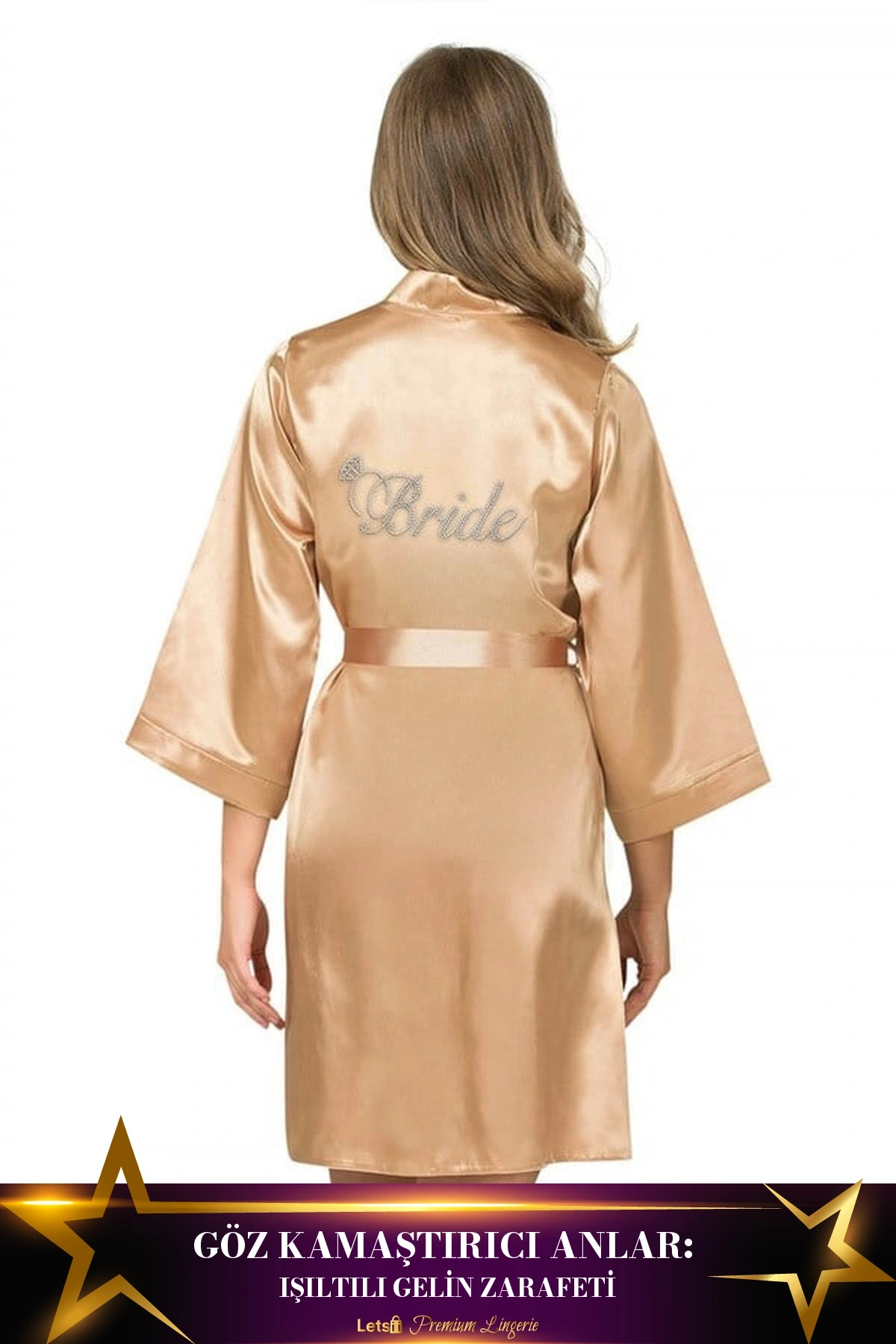 Kısa Saten Bride Sabahlık Gold Renk