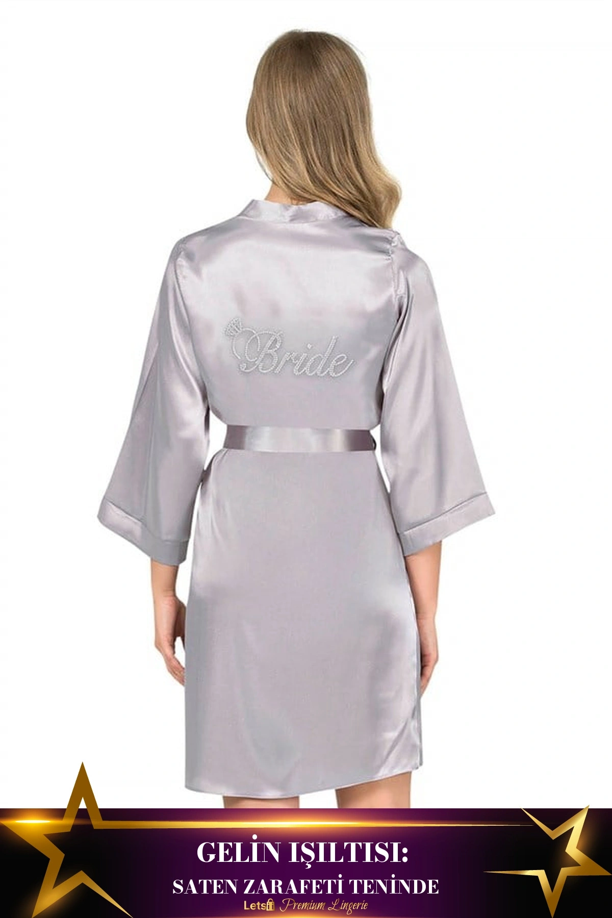 Kısa Saten Bride Sabahlık Gri Renk