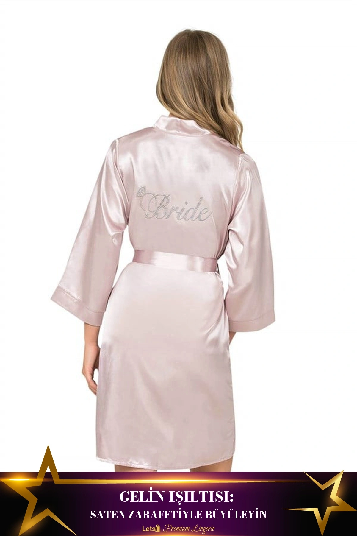 Kısa Saten Bride Sabahlık Pudra Renk