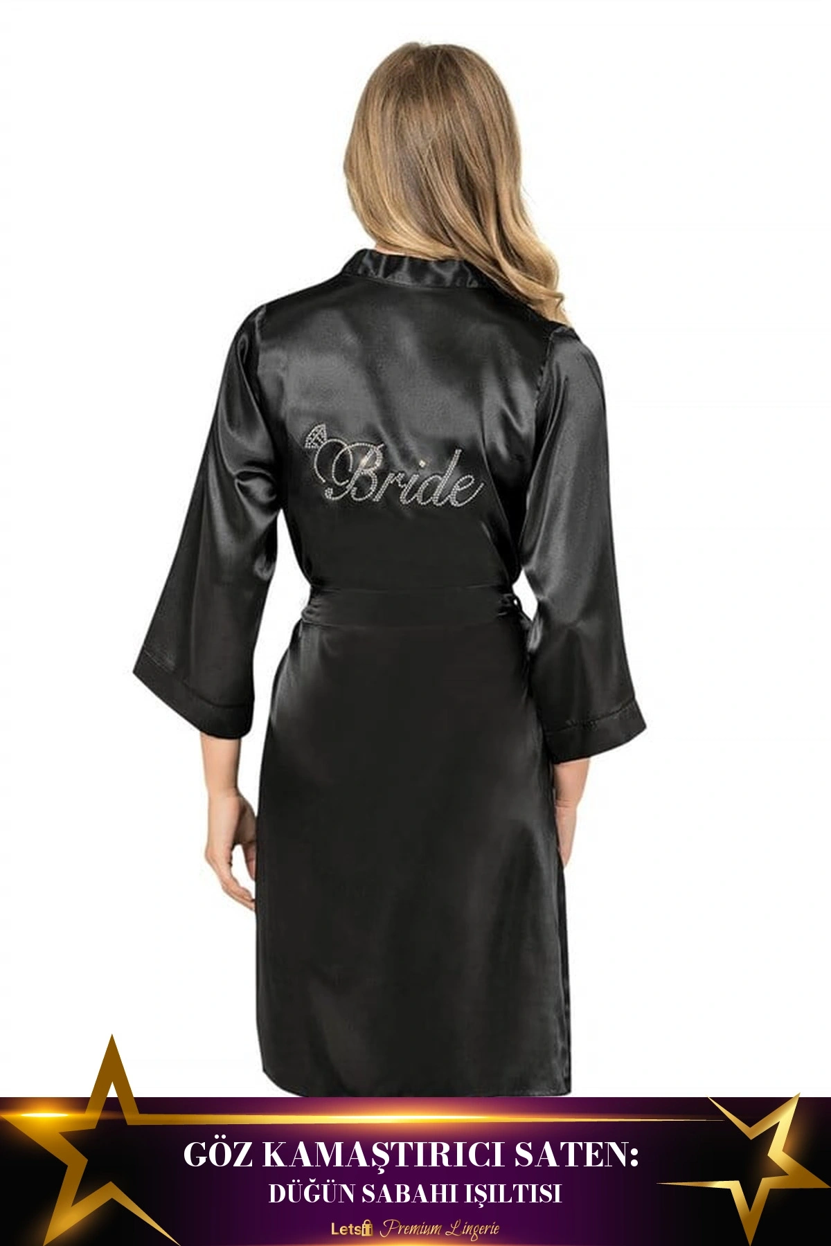 Kısa Saten Bride Sabahlık Siyah Renk