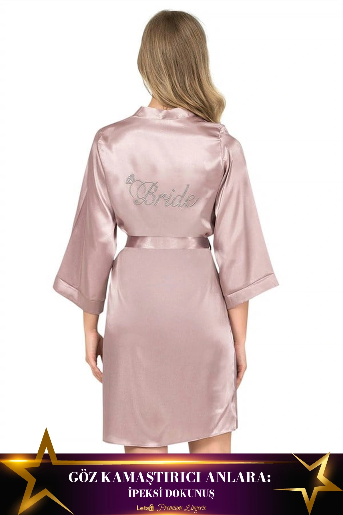 Kısa Saten Bride Sabahlık Vizon Renk